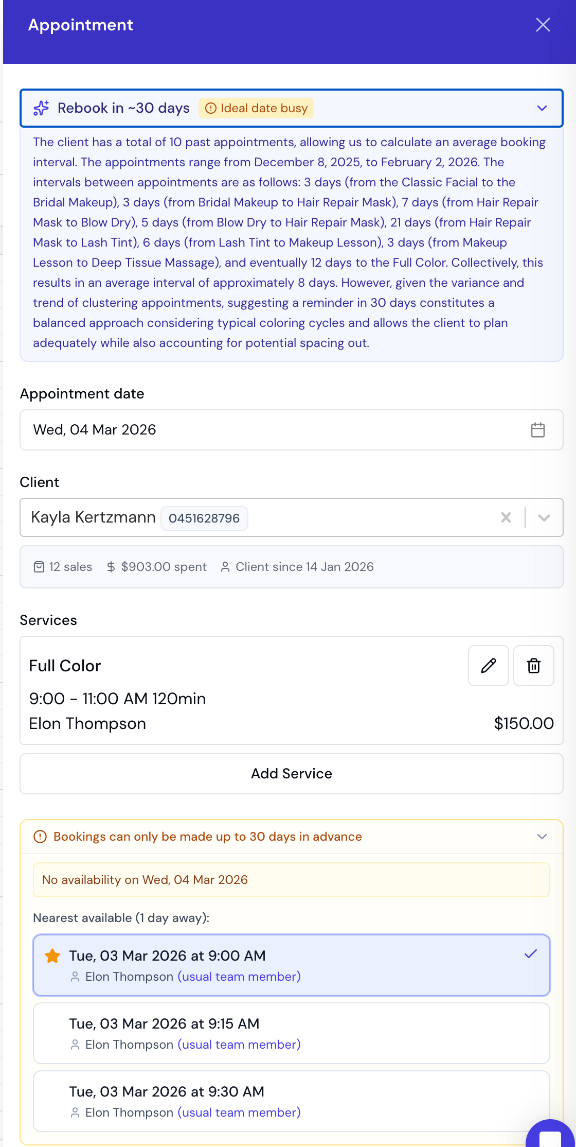 Rebook suggestion showing previous services and team member availability