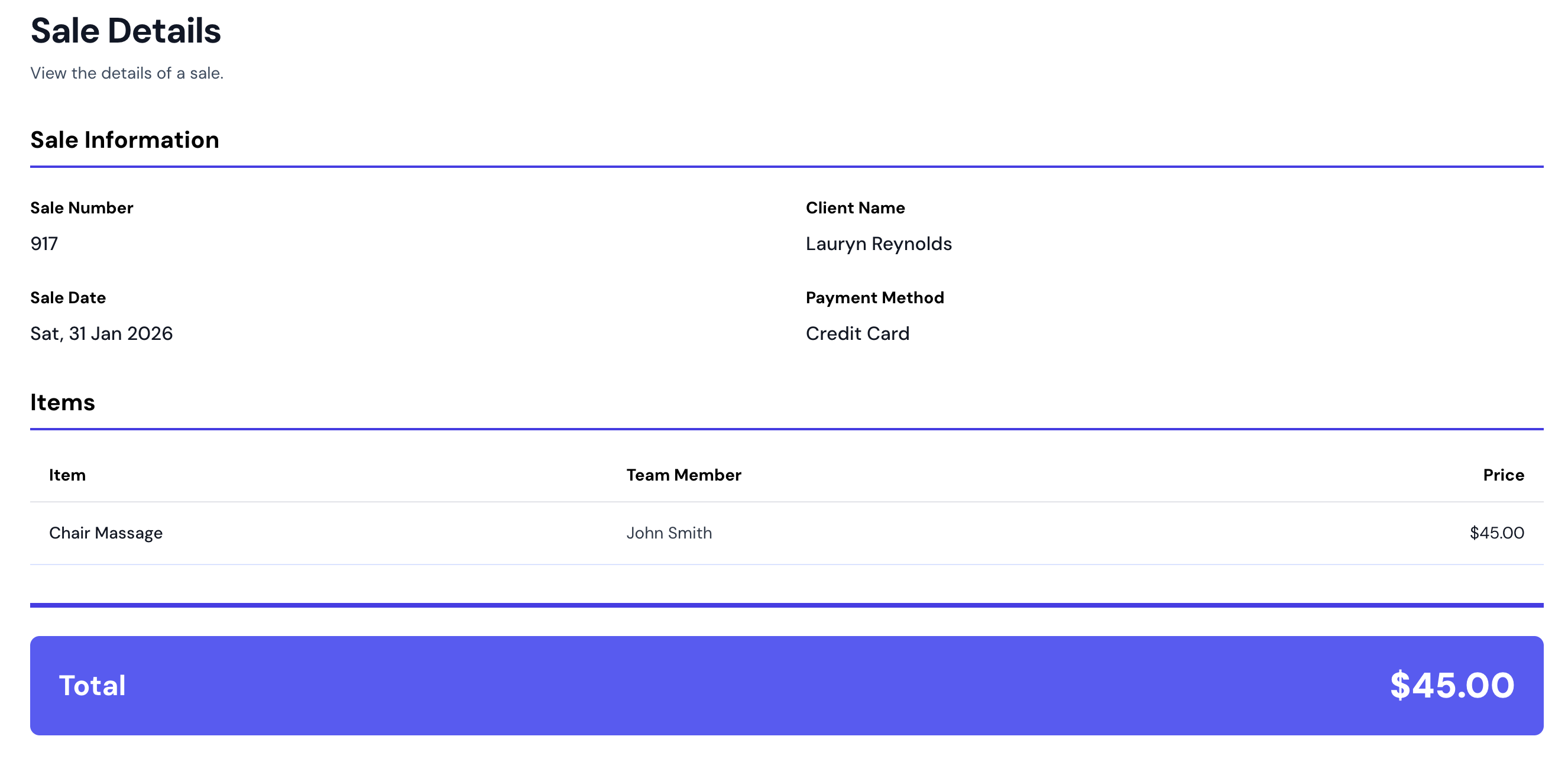 Sale details page showing services, payment method, and total amount