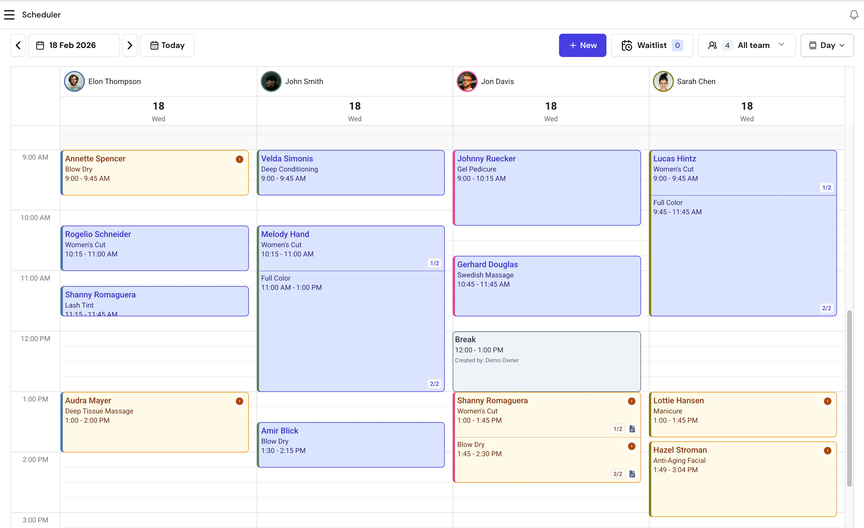 Scheduler day view showing appointments across team members