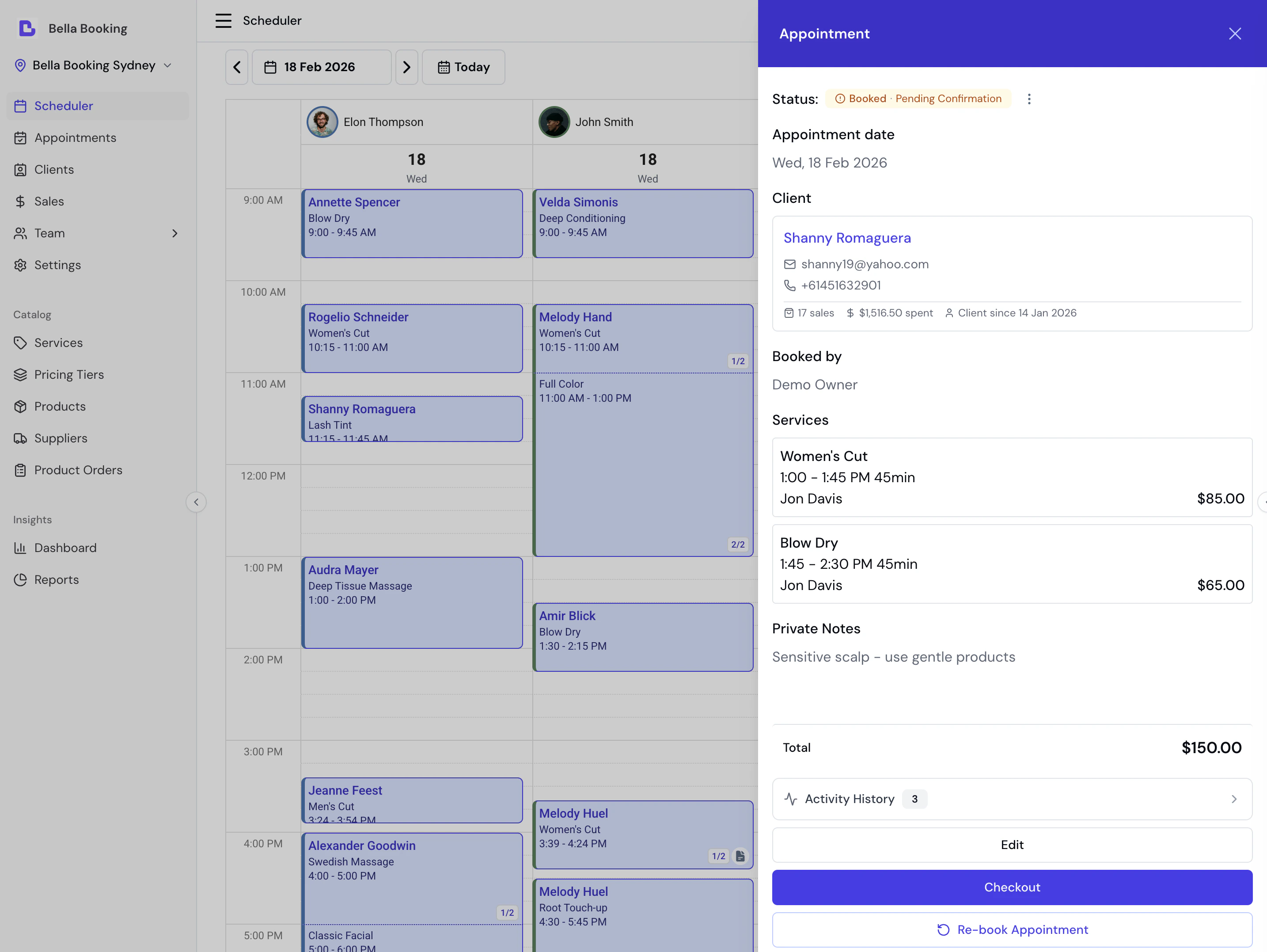 Appointment details side panel showing client info, services, and action buttons