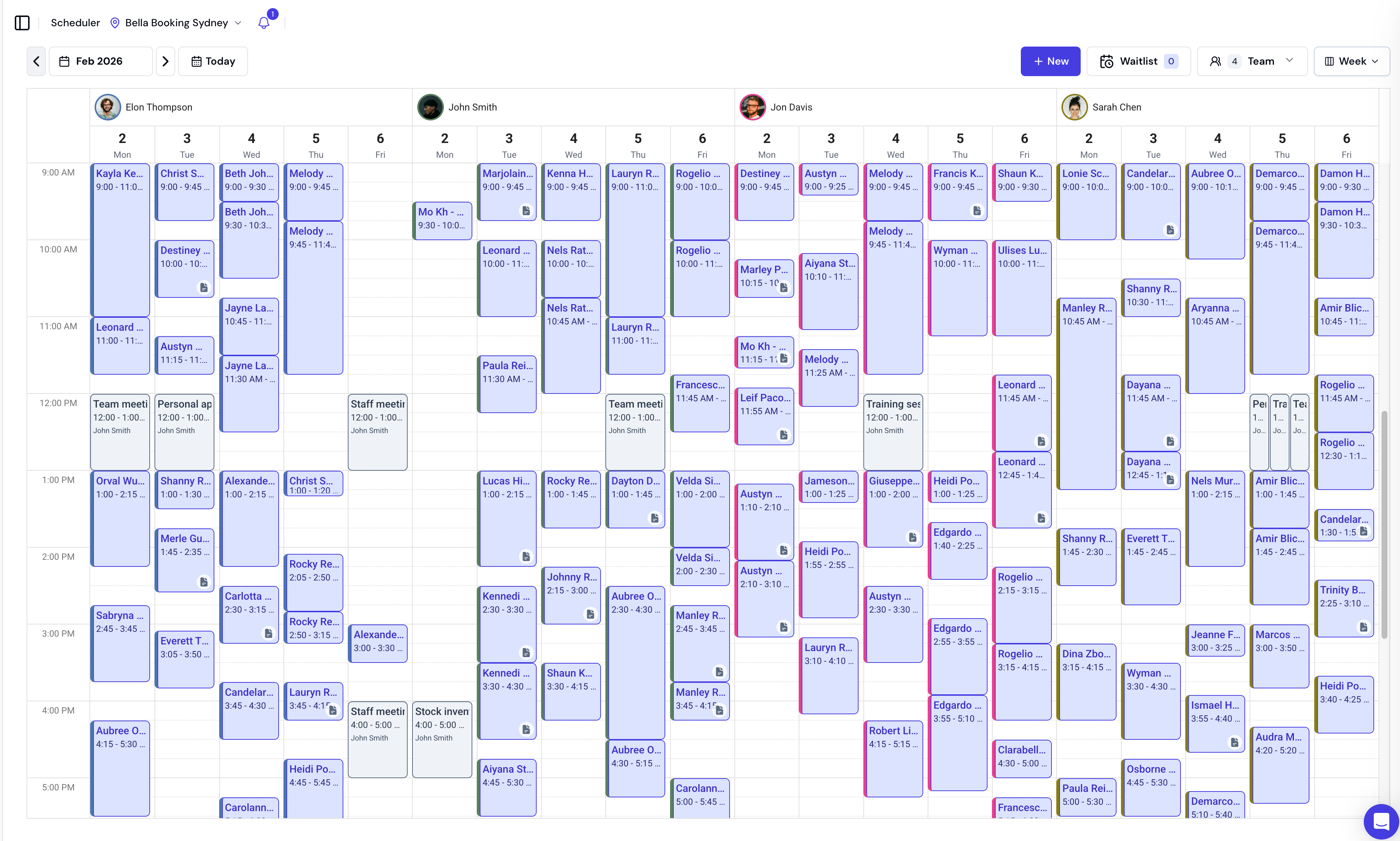 Scheduler week view showing the full team schedule across 7 days