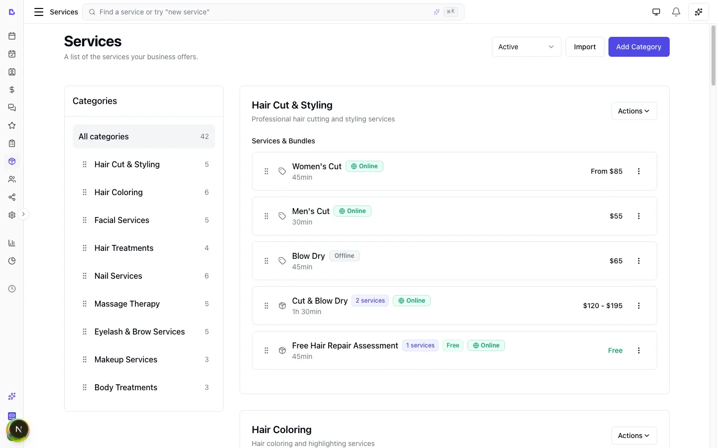 Service catalog showing services and bundles organised by category with prices and durations