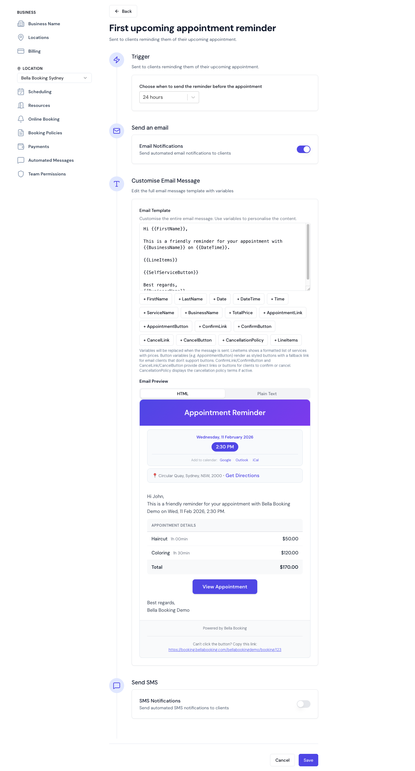Edit automated message form showing channel, timing, greeting, and custom template fields