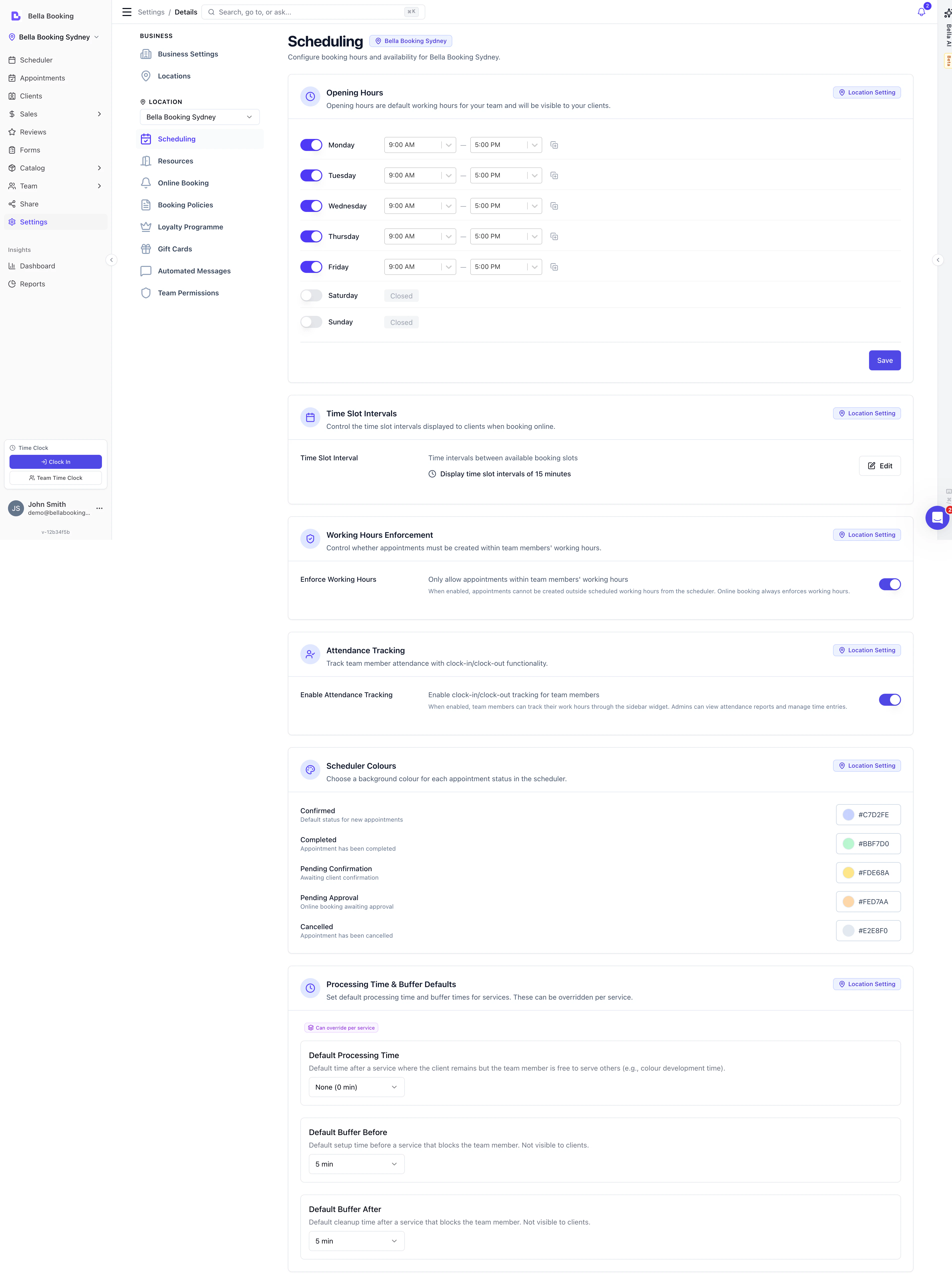 Scheduling settings page showing opening hours configuration for each day of the week