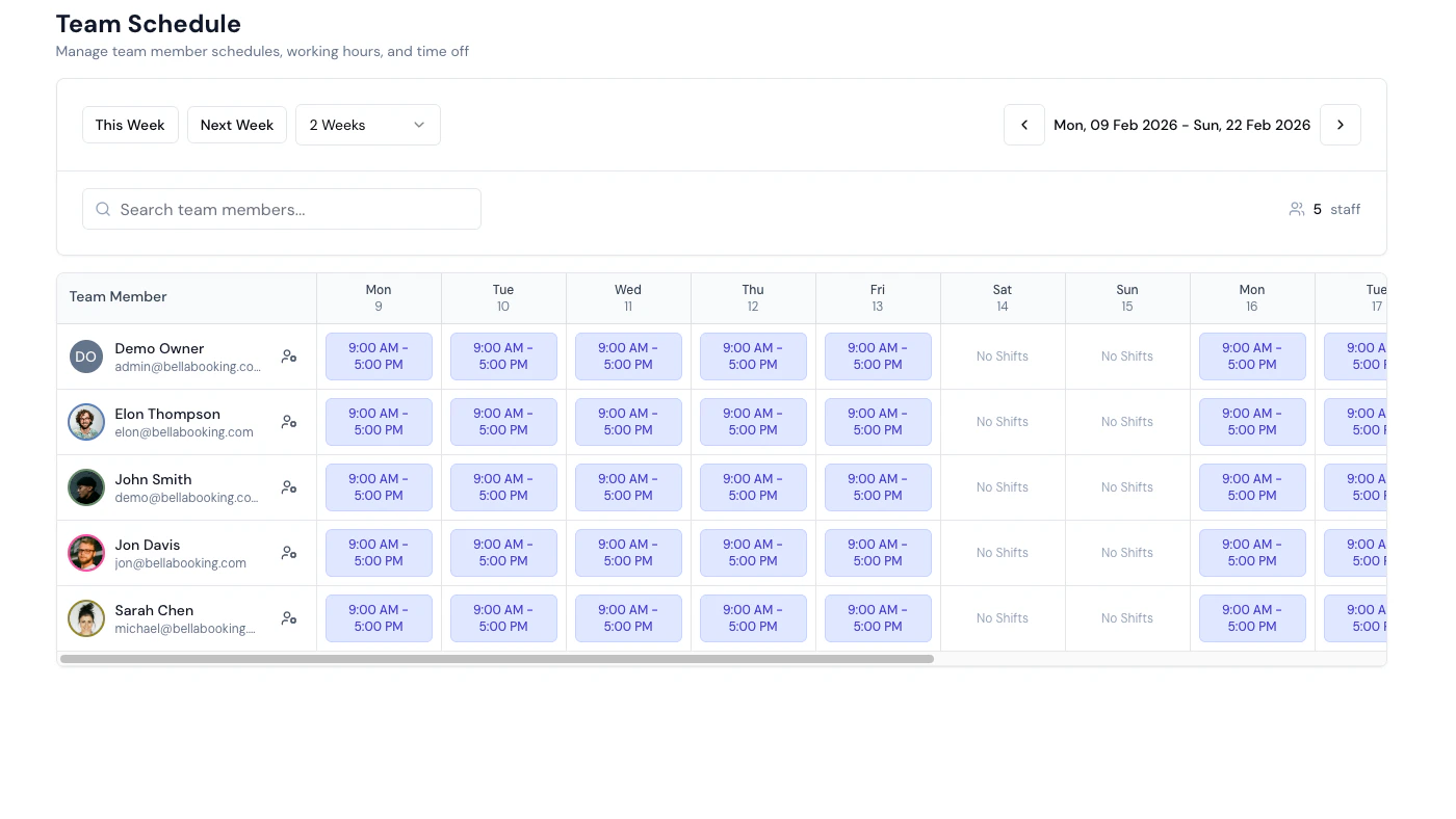 Team schedule grid showing all team members' working hours and availability for the week