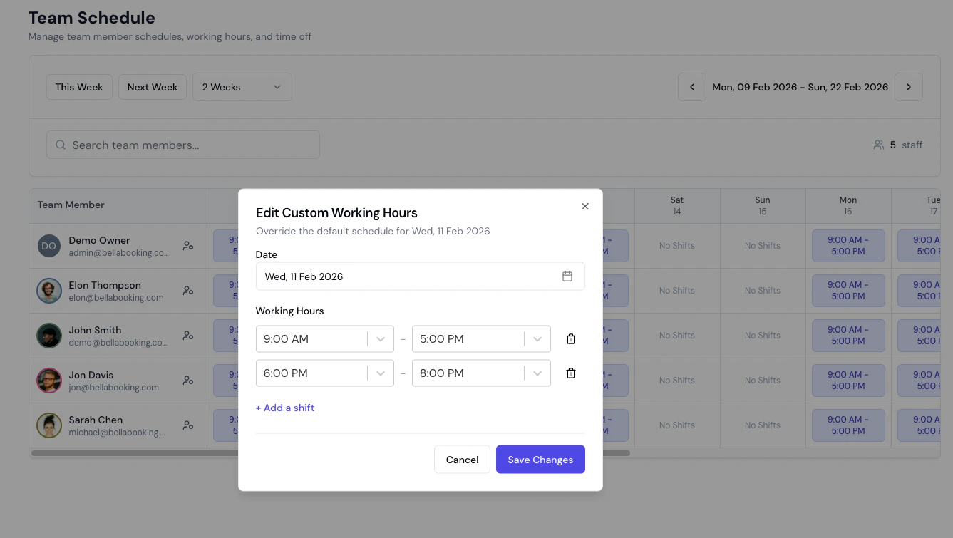 Edit team schedule modal showing daily shift configuration with start and end times