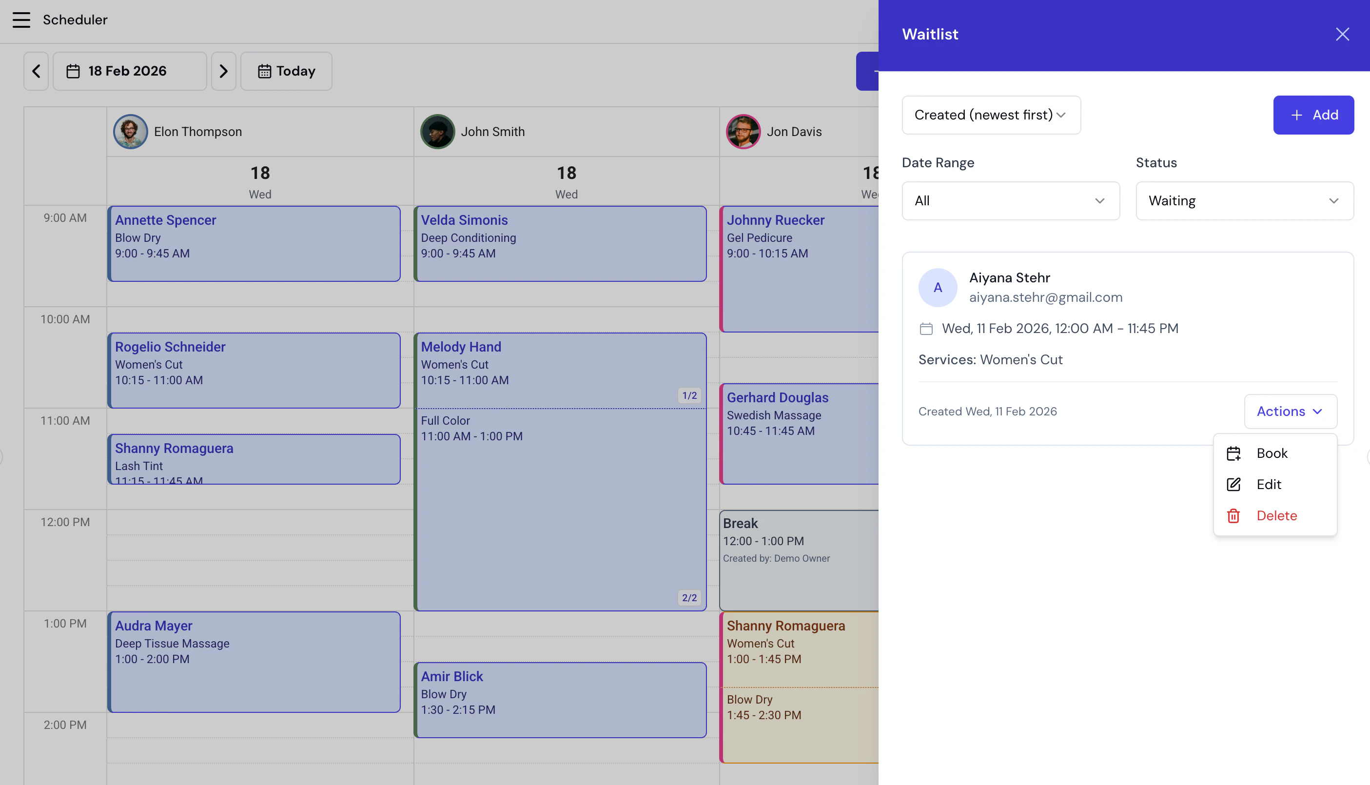 Waitlist panel showing client entries with preferred times and services