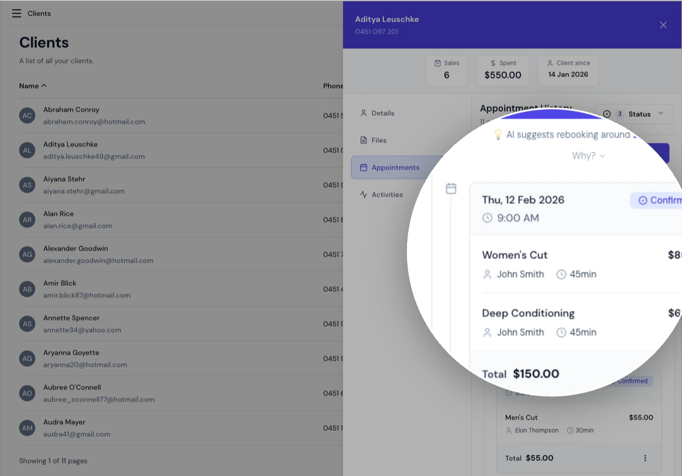 Client Appointments tab showing a list of past and upcoming appointments
