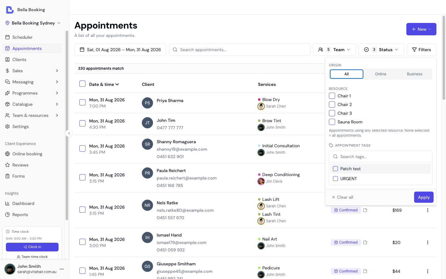 Appointments page showing search bar, filters, and appointment list
