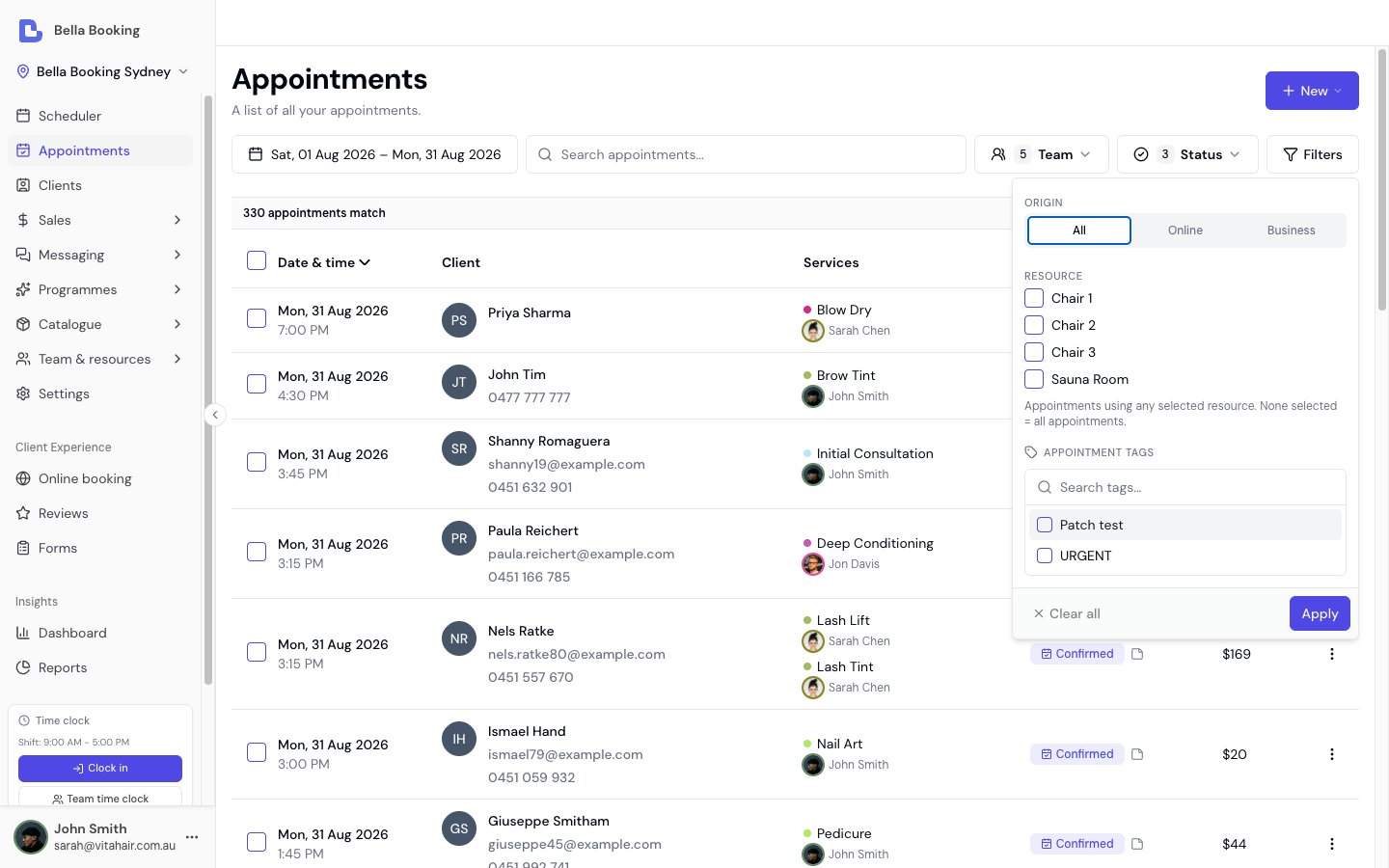 Appointments page showing search bar, filters, and appointment list