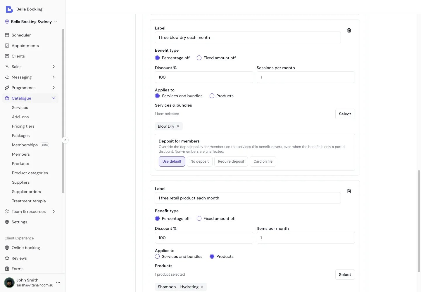Benefits configuration showing a service benefit and a product benefit, each with a label, discount percentage, per-month limit, and an Applies to selector switching between services and products