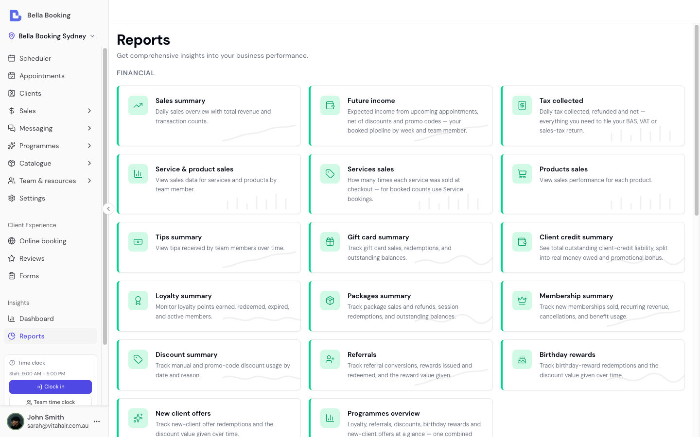 Reports page showing the grid of available report cards