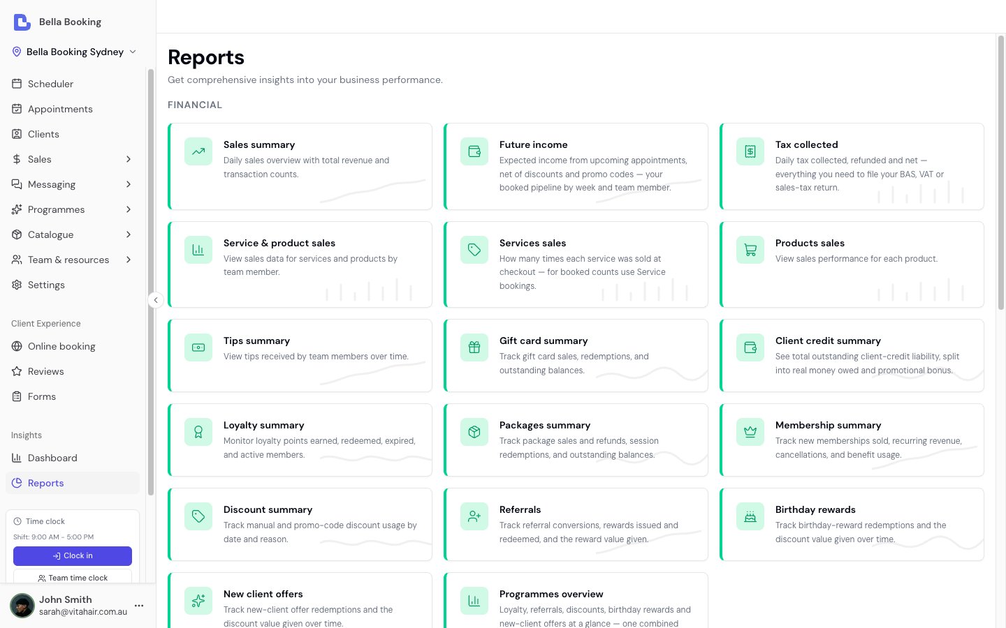 Reports page showing the grid of available report cards