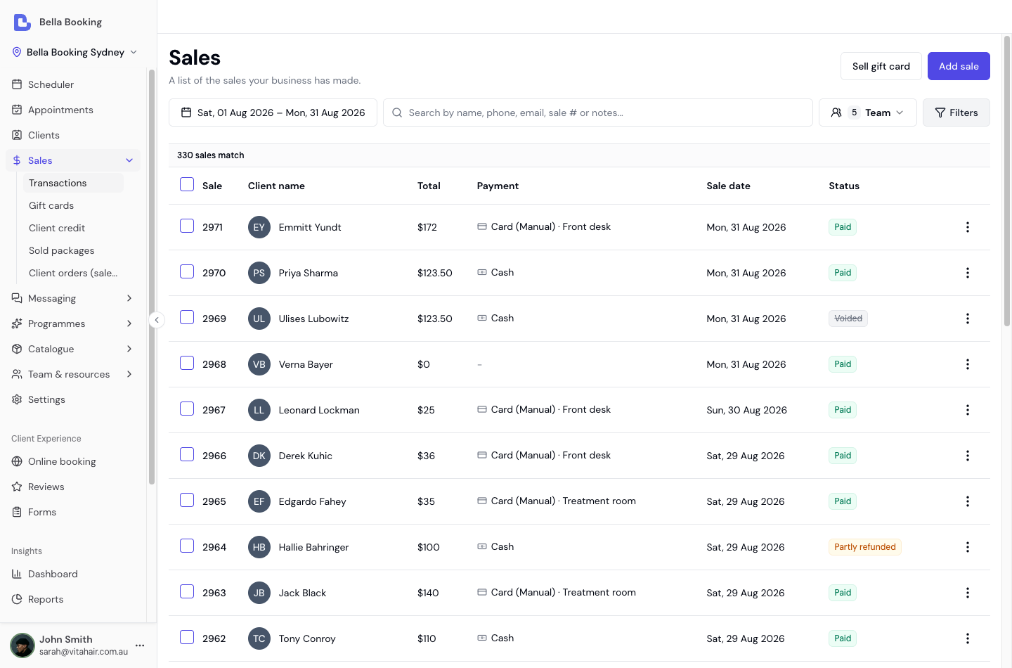 Sales history table showing sale number, client, total, payment method with card terminal names, date, and Paid, Voided and Partly refunded status badges