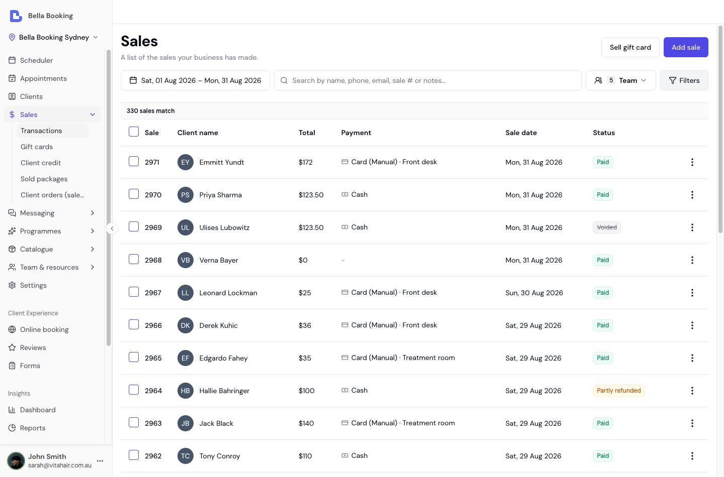 Sales history table showing sale number, client, total, payment method with card terminal names, date, and Paid, Voided and Partly refunded status badges