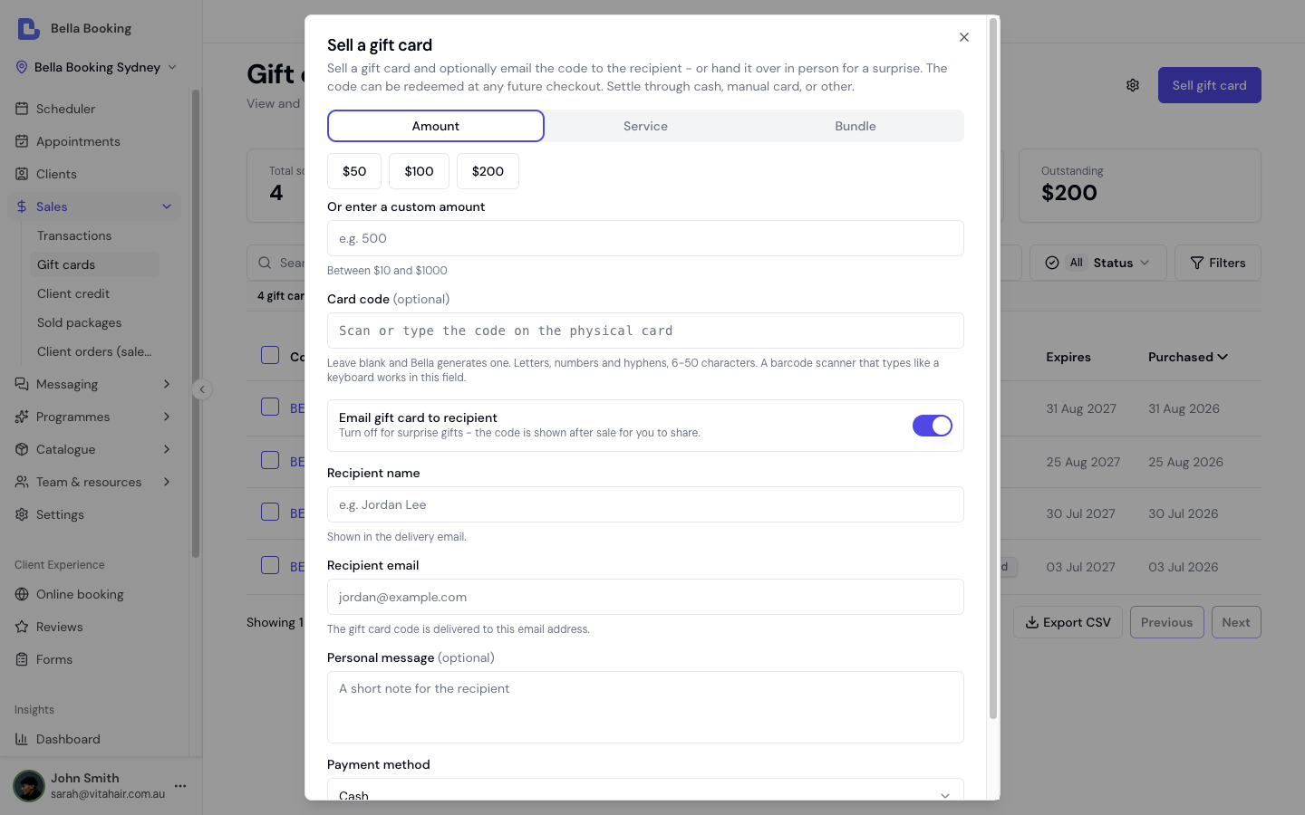 Sell a gift card dialog with Amount, Service and Bundle tabs, preset amounts, the optional Card code field for physical cards, and recipient email fields