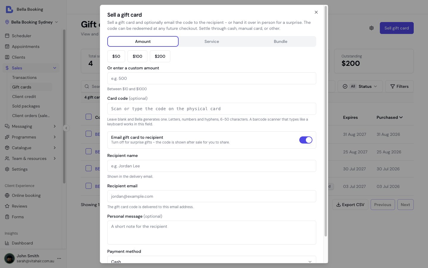 Sell a gift card dialog with Amount, Service and Bundle tabs, preset amounts, the optional Card code field for physical cards, and recipient email fields