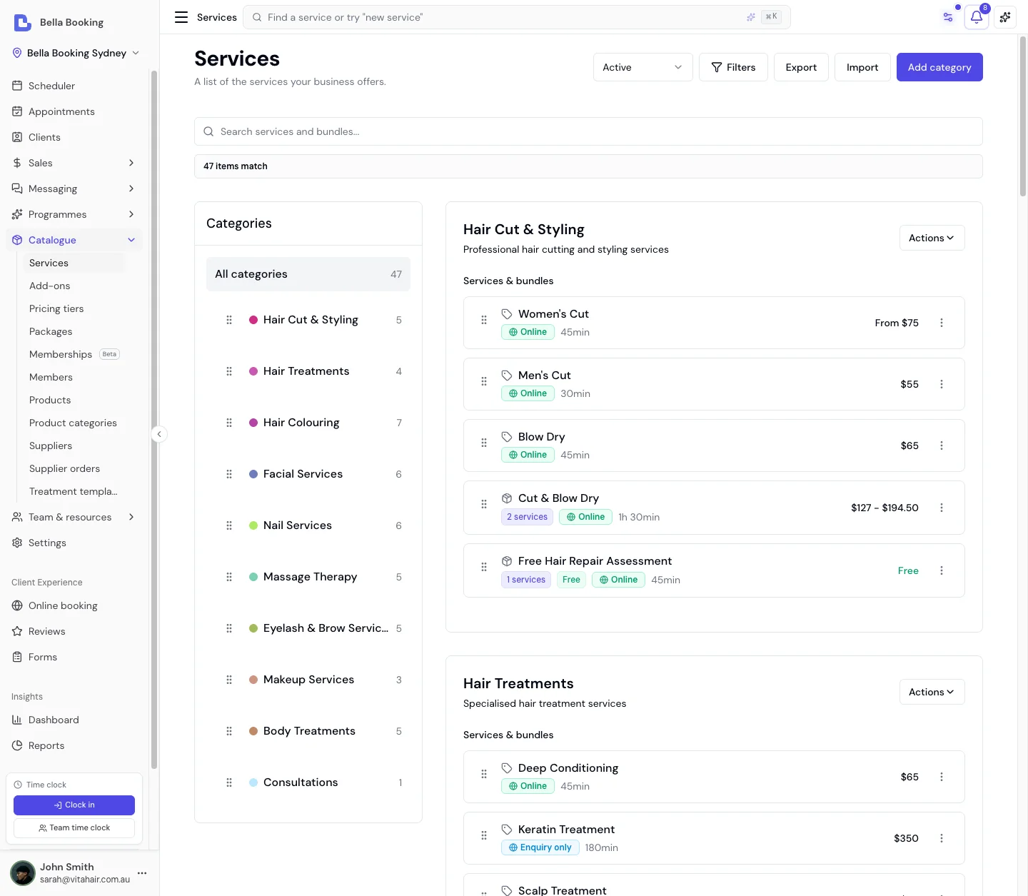 Service catalogue showing services and bundles organised by category with prices, durations, and Online and Enquiry only badges
