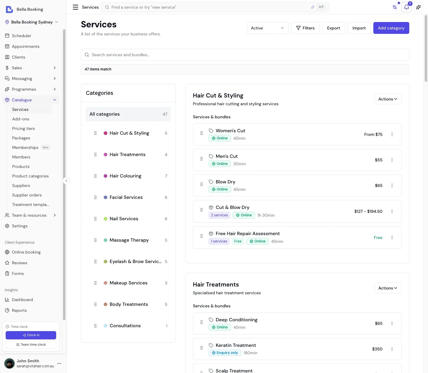Service catalogue showing services and bundles organised by category with prices, durations, and Online and Enquiry only badges