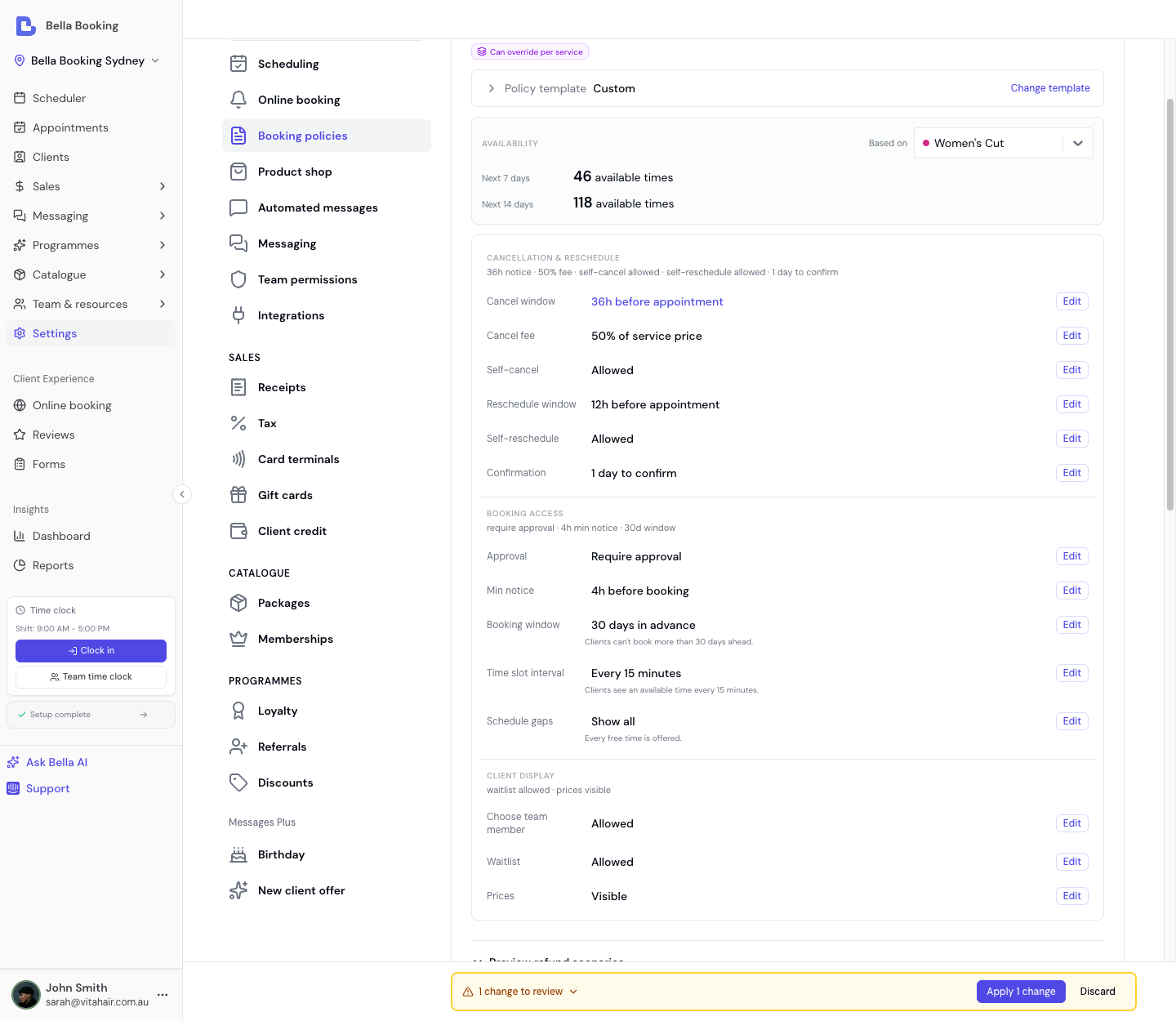Booking policies page showing minimum notice, cancellation, reschedule, and confirmation settings