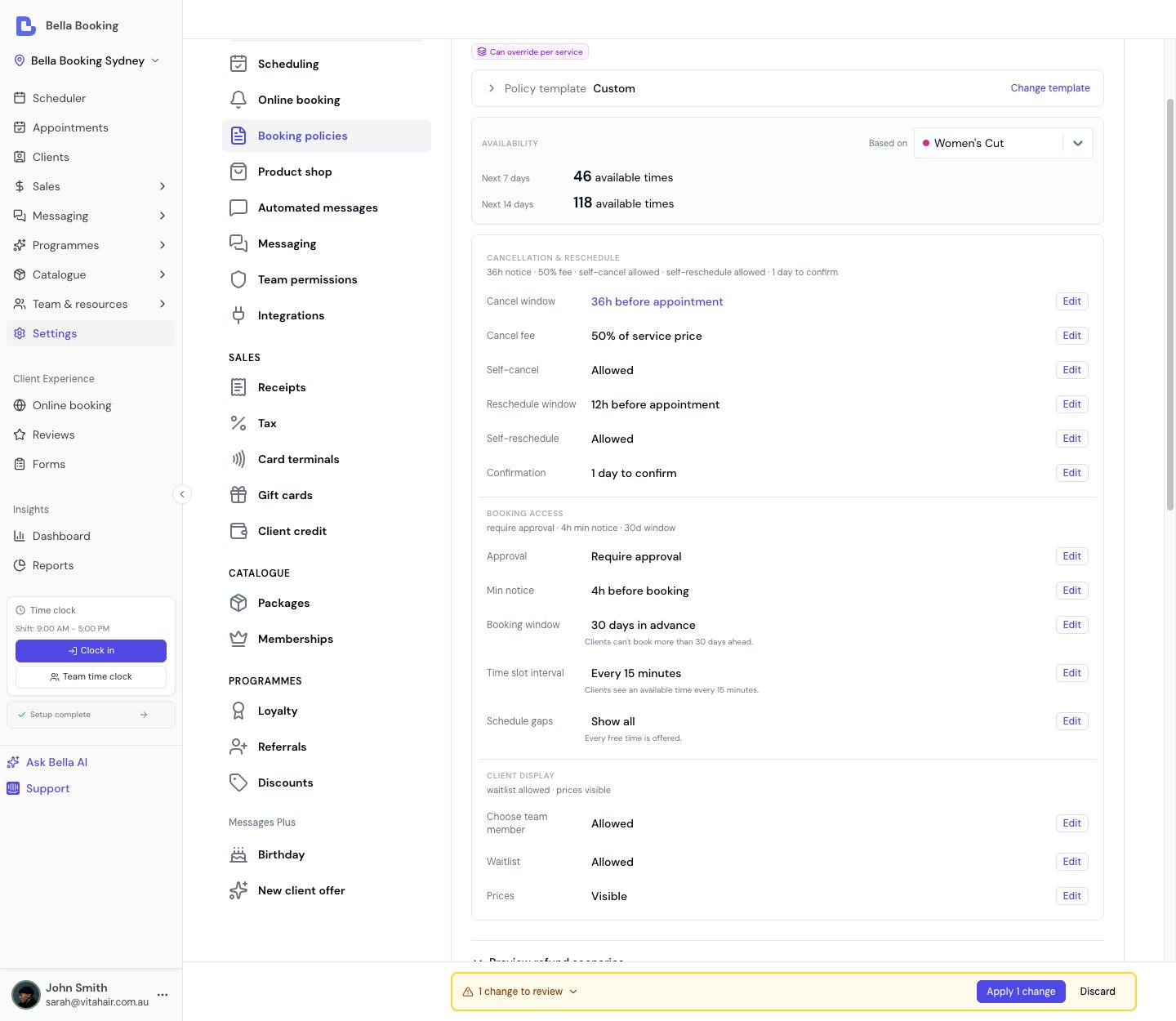 Booking policies page showing minimum notice, cancellation, reschedule, and confirmation settings