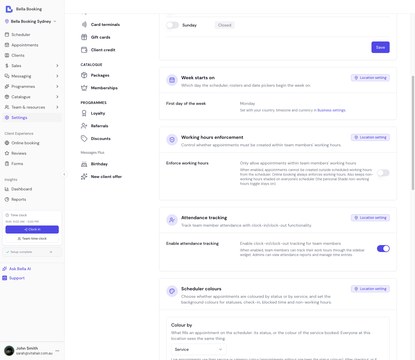 Scheduling settings page showing opening hours configuration for each day of the week