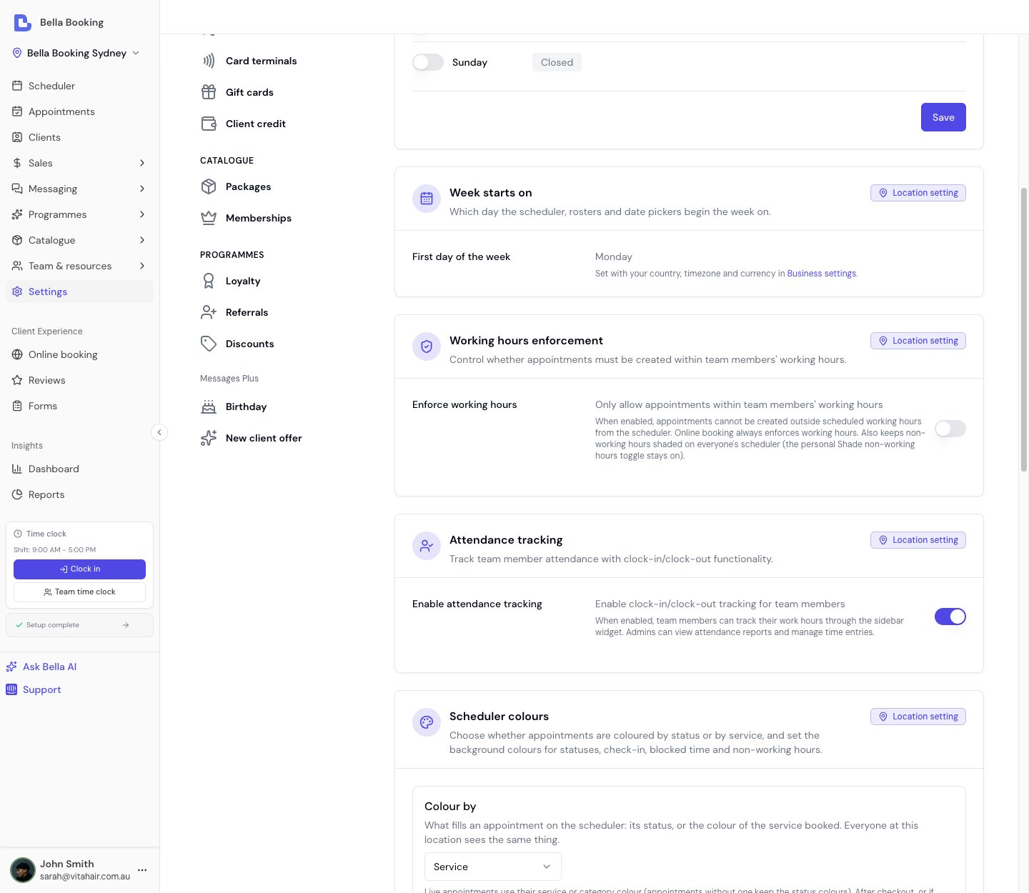 Scheduling settings page showing opening hours configuration for each day of the week