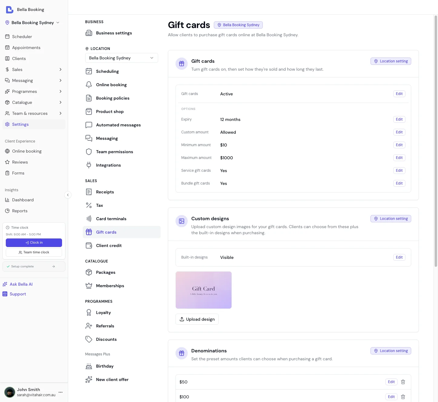 Gift card settings with Active/Paused status row, custom design uploader, and online payments configuration warning