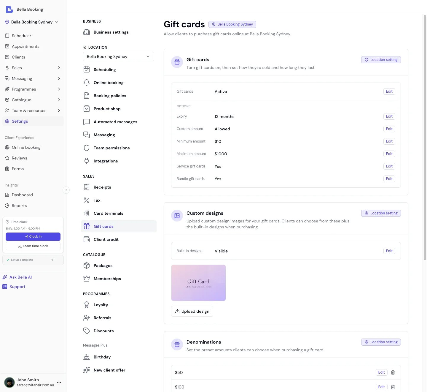 Gift card settings with Active/Paused status row, custom design uploader, and online payments configuration warning