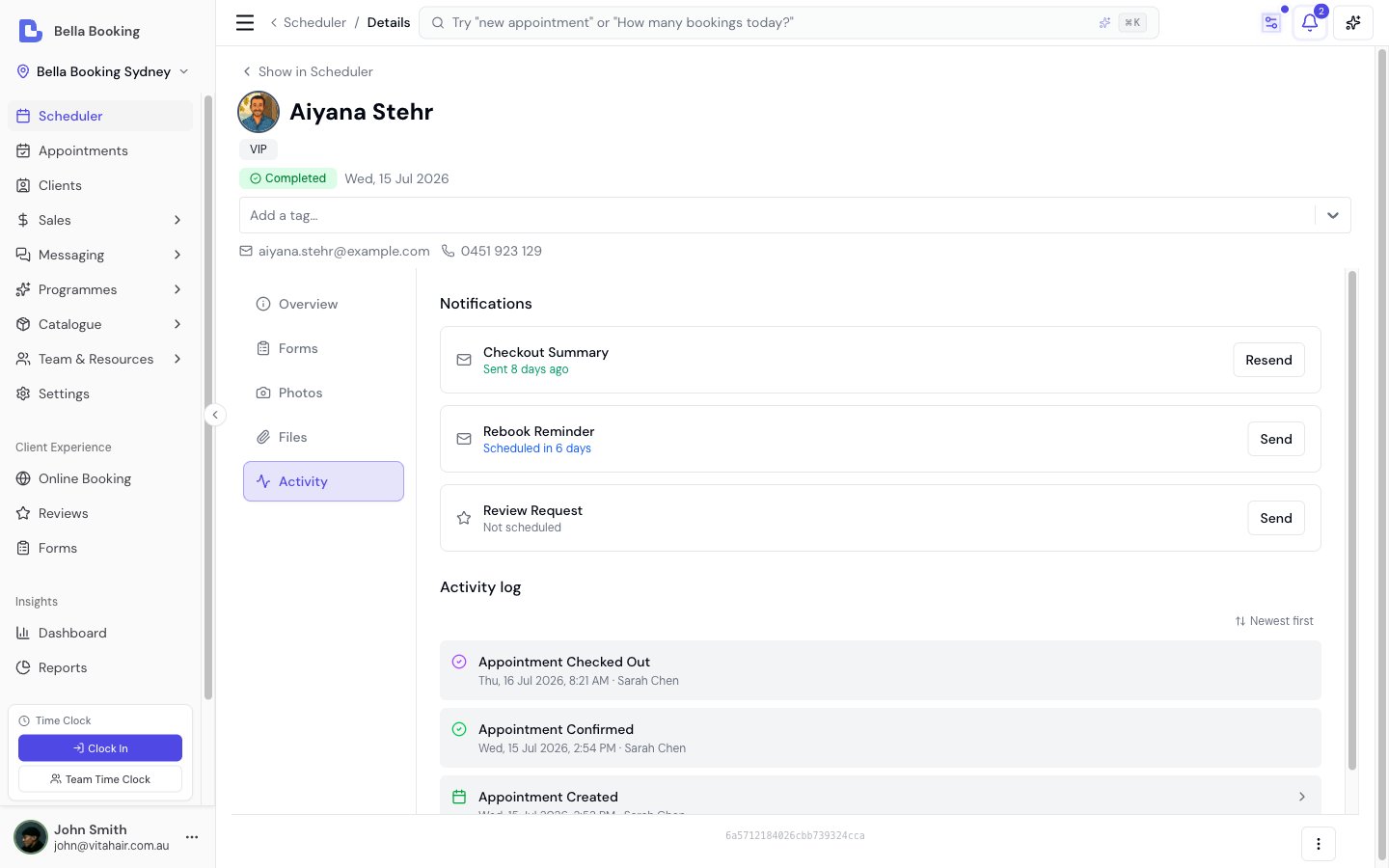 Appointment Activity tab showing planned and sent notifications with send and resend actions above the chronological activity log