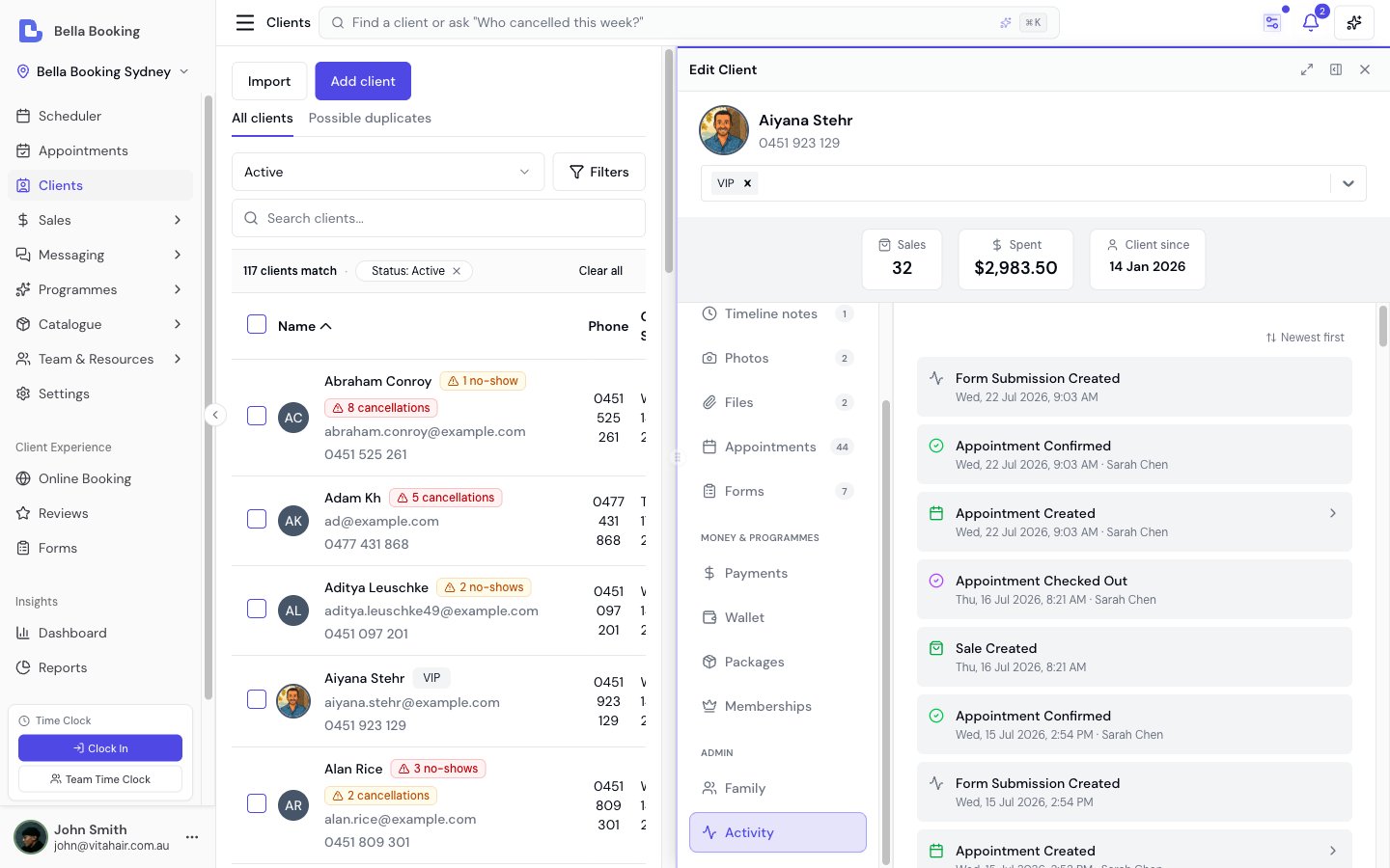 Client Activity tab showing a chronological history of appointment and notification events