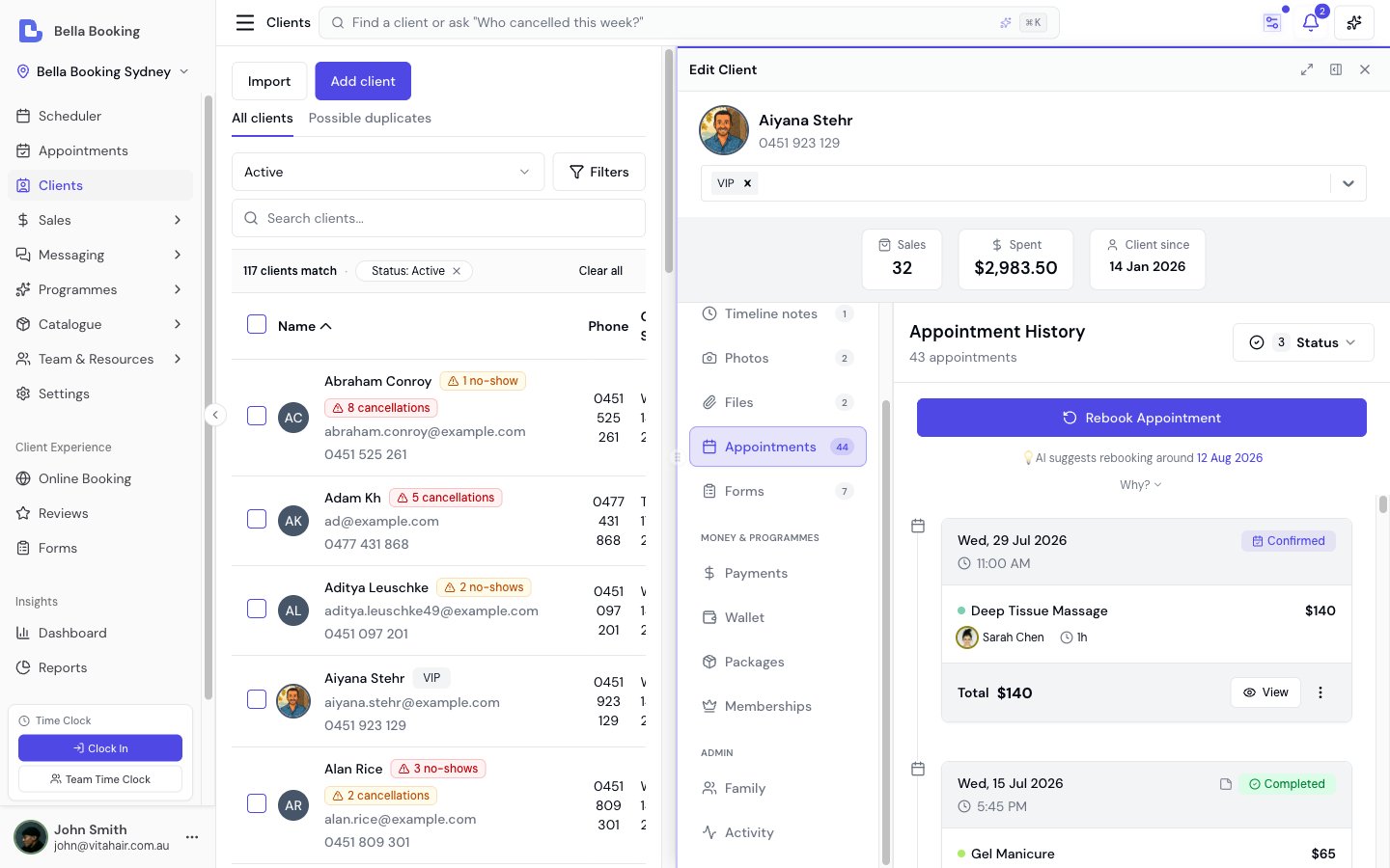 Client history details showing appointment breakdown with services and team members