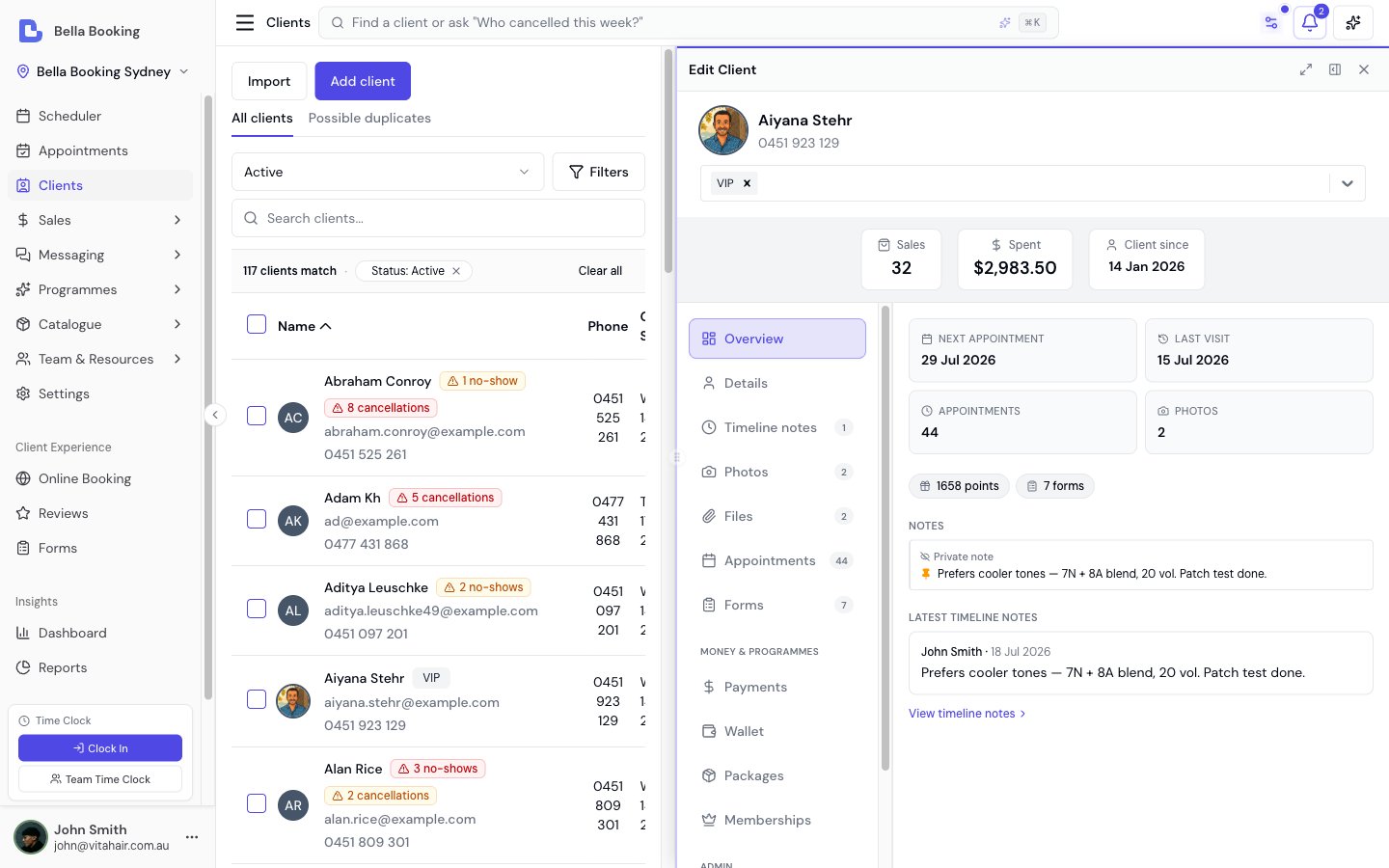 Client side panel opening on the Overview tab with next appointment, last appointment, counts, balances, notes, and latest timeline entries