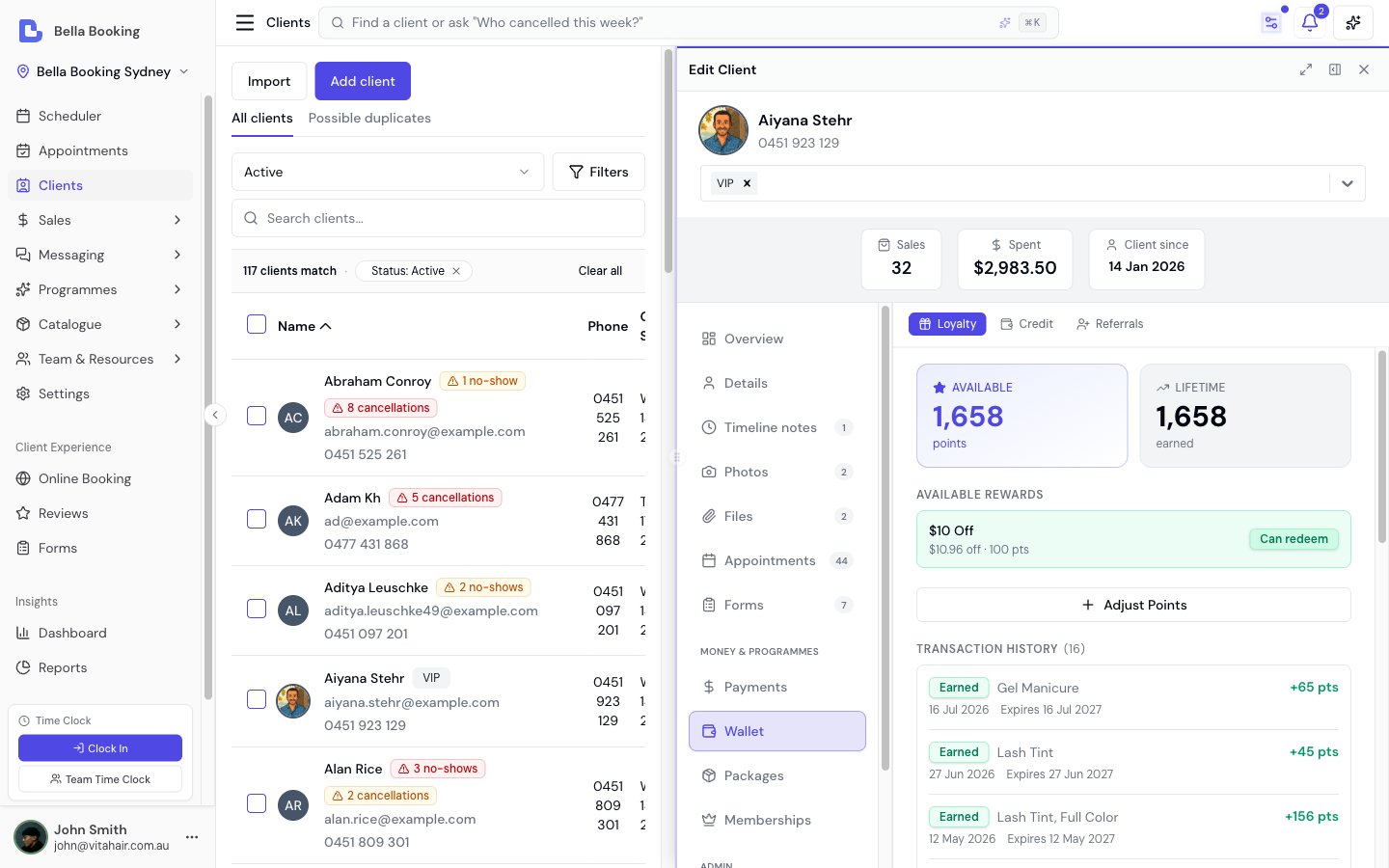 Loyalty section of the client Wallet tab showing available points, lifetime points, available rewards, and transaction history