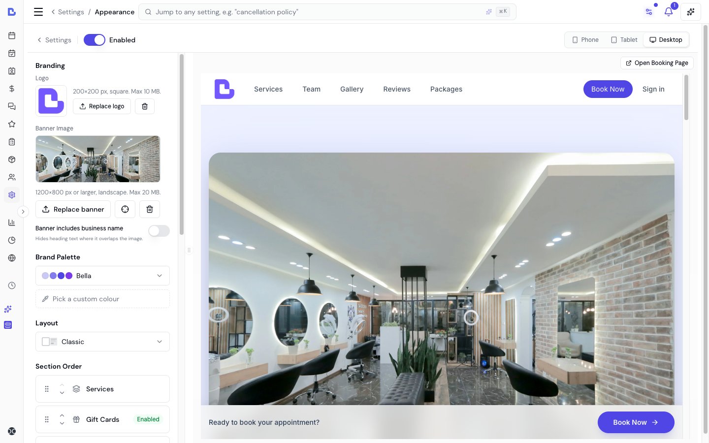 The Appearance Editor showing the controls panel on the left and a live preview of the booking page on the right