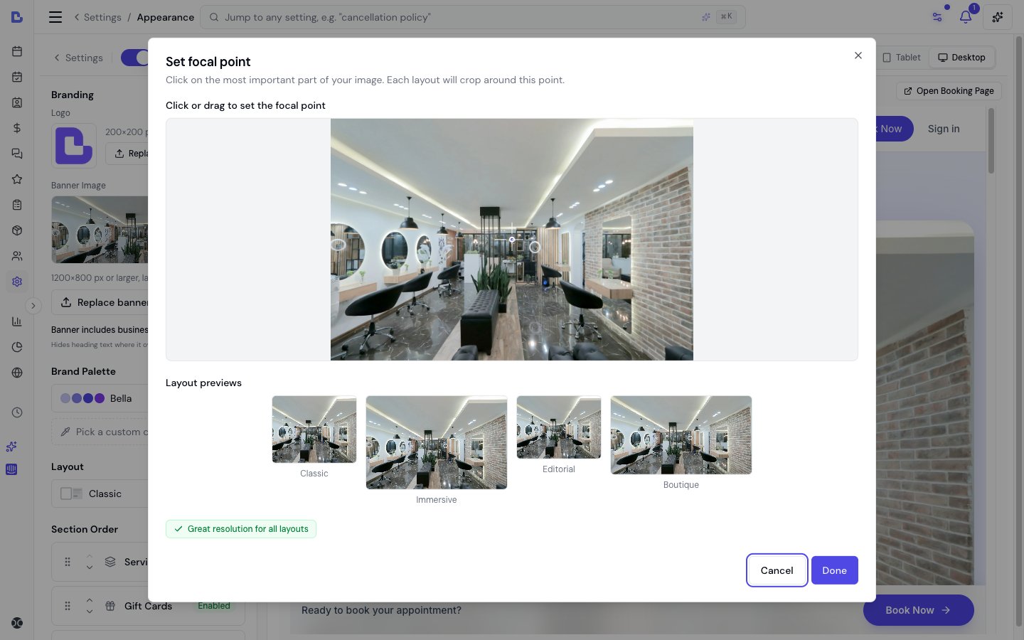 The Focal Point Picker showing the banner image with a draggable crosshair and layout previews at different aspect ratios
