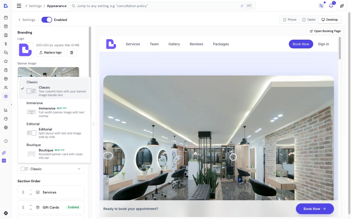 The Layout dropdown showing four template options: Classic, Immersive, Editorial, and Boutique, each with a preview icon and description