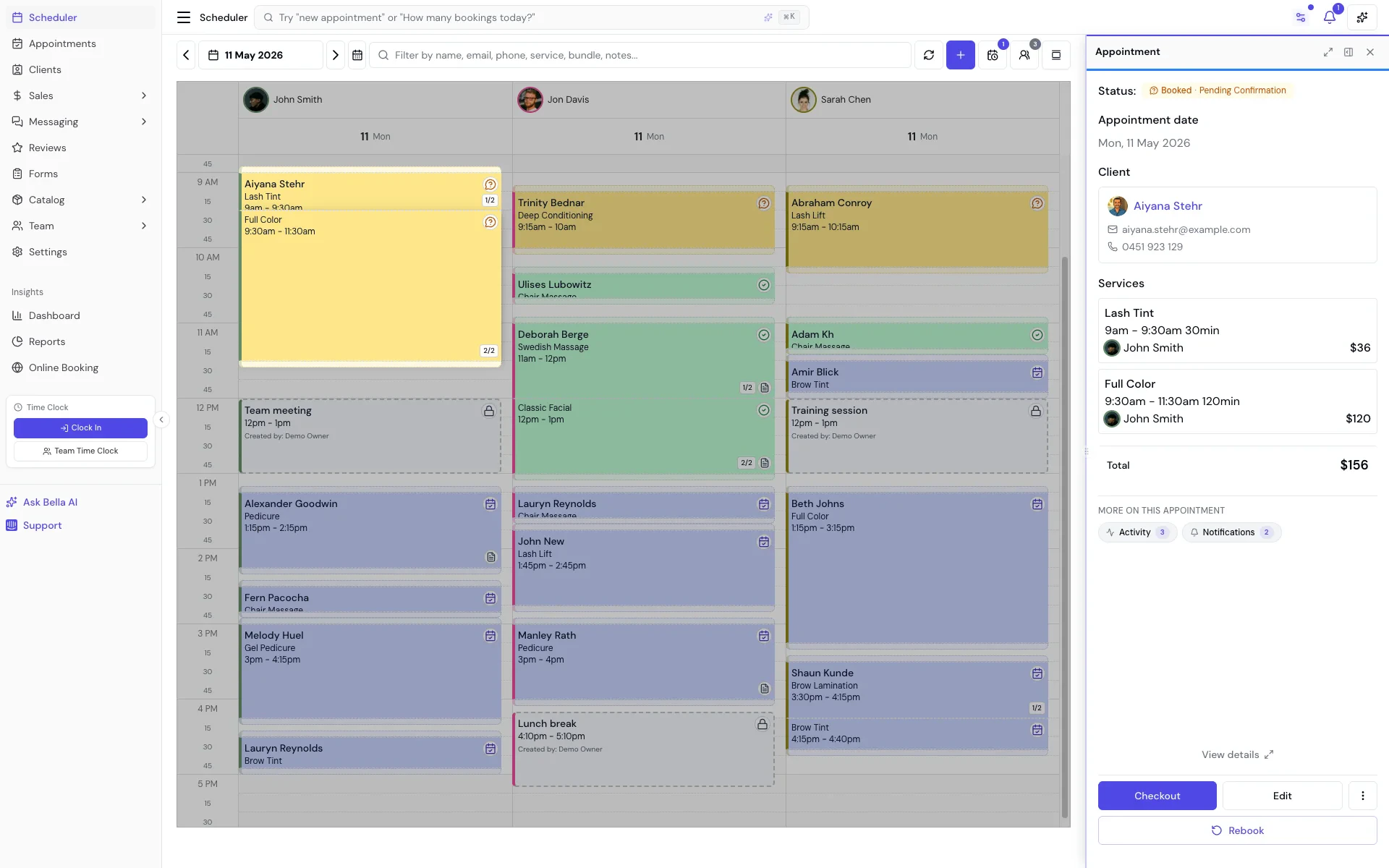 Appointment details side panel showing client info, services, and action buttons