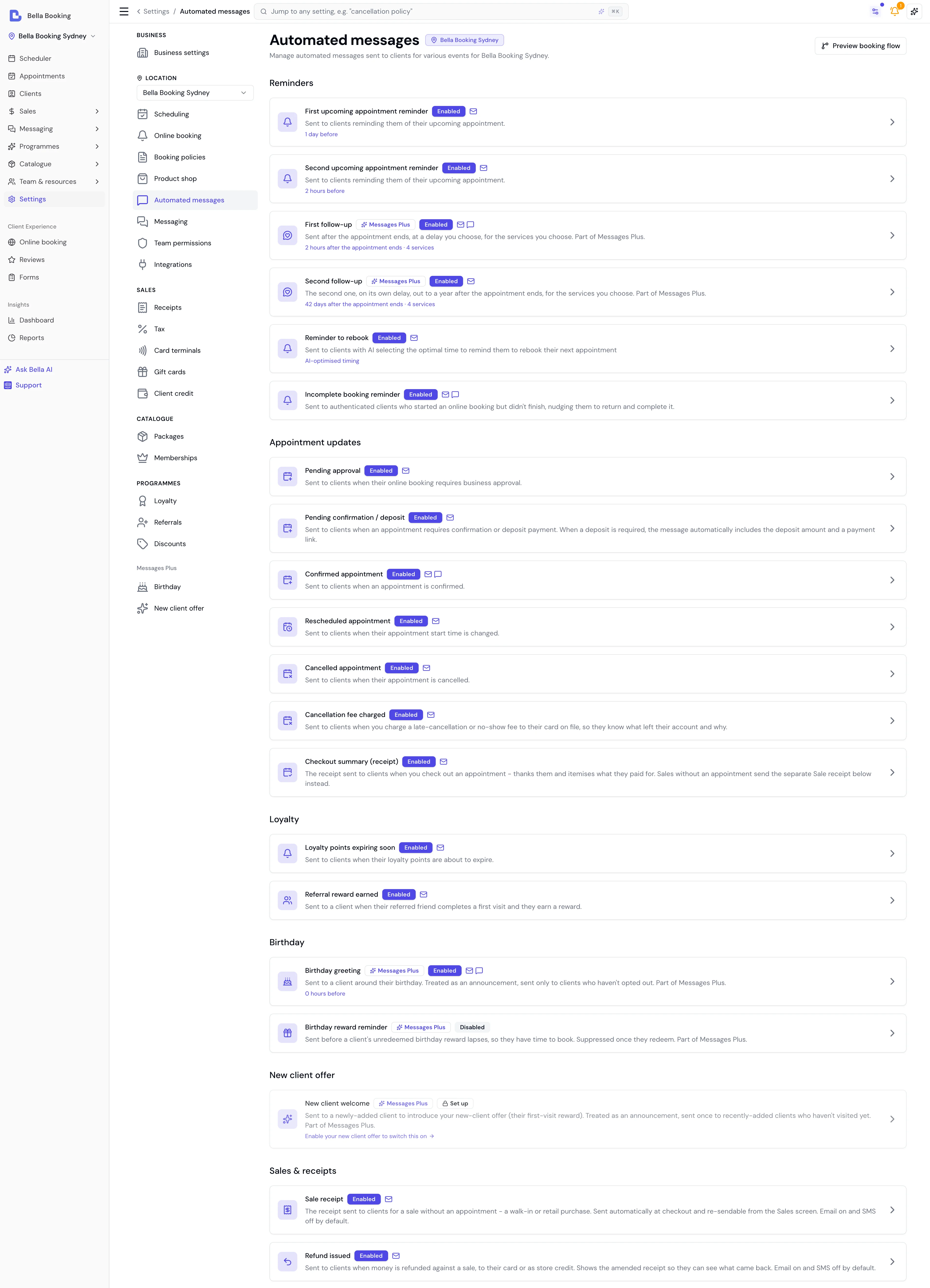 Automated messages page showing all message type cards with enable/disable status