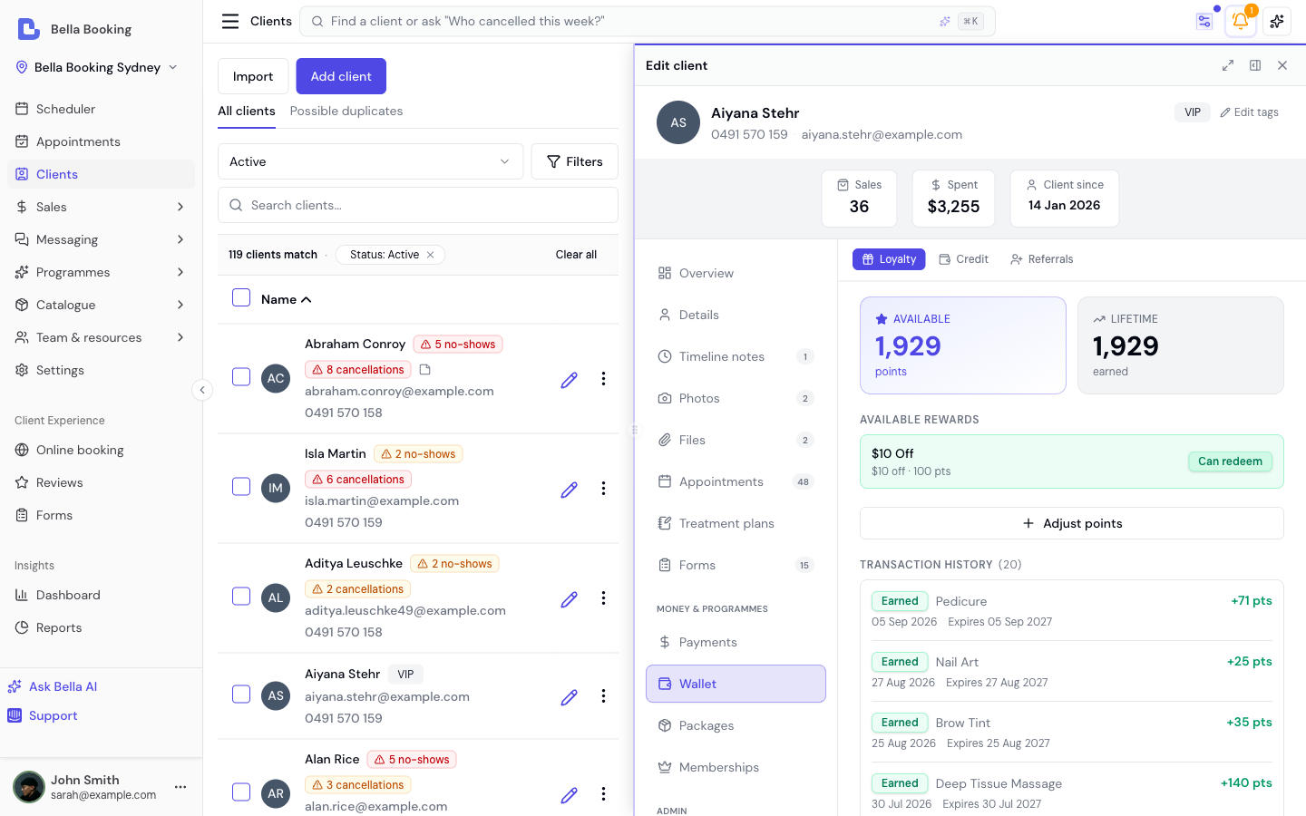 Loyalty section of the client Wallet tab showing available points, lifetime points, available rewards, and transaction history