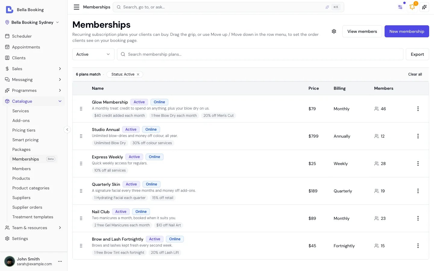 Memberships catalogue showing four active plans with varied billing cycles (Weekly, Monthly, Quarterly, Annual) and benefit chips for discounts and included sessions