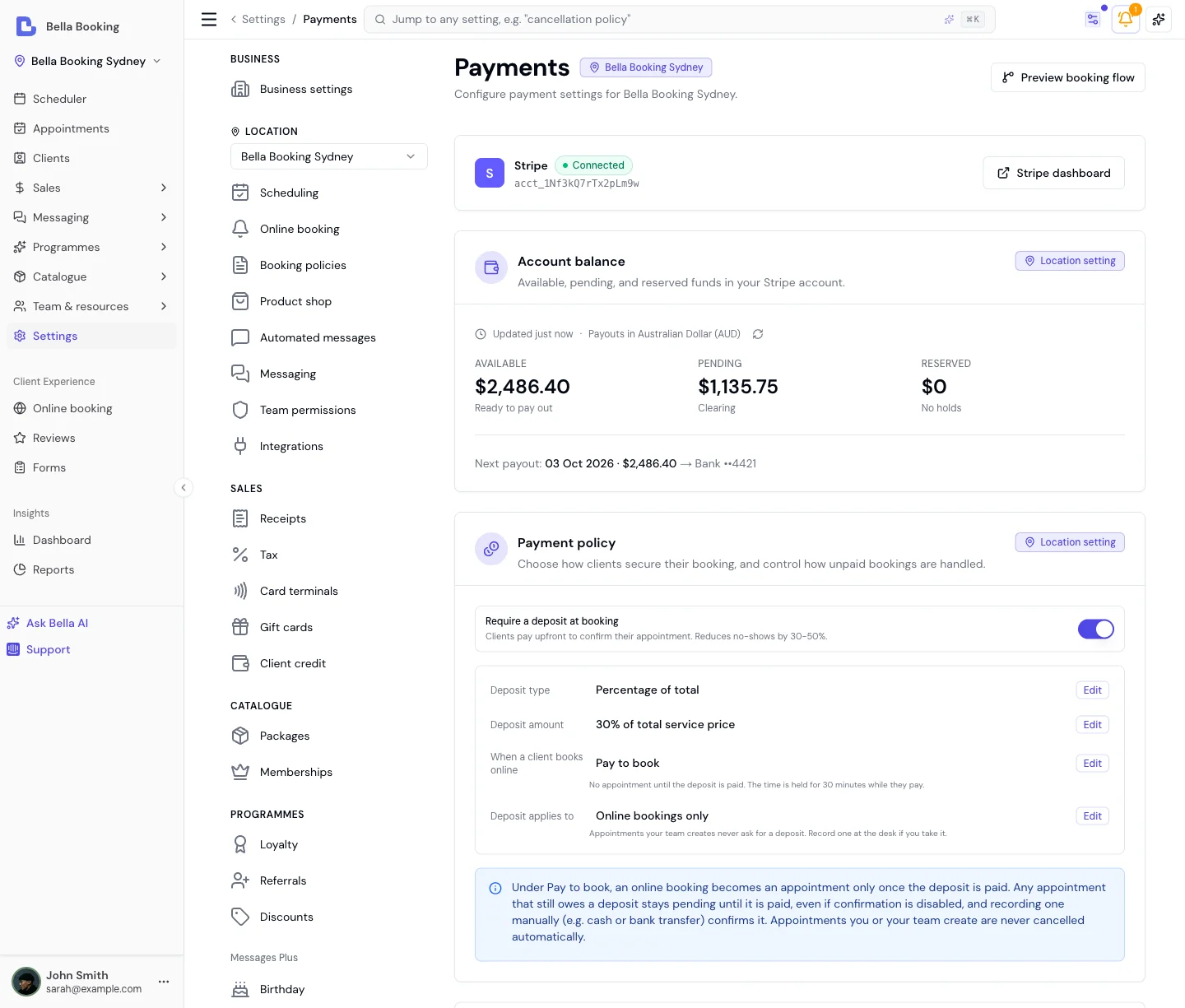 Payments settings with Stripe Connect status, payment policy selector, and fee calculator