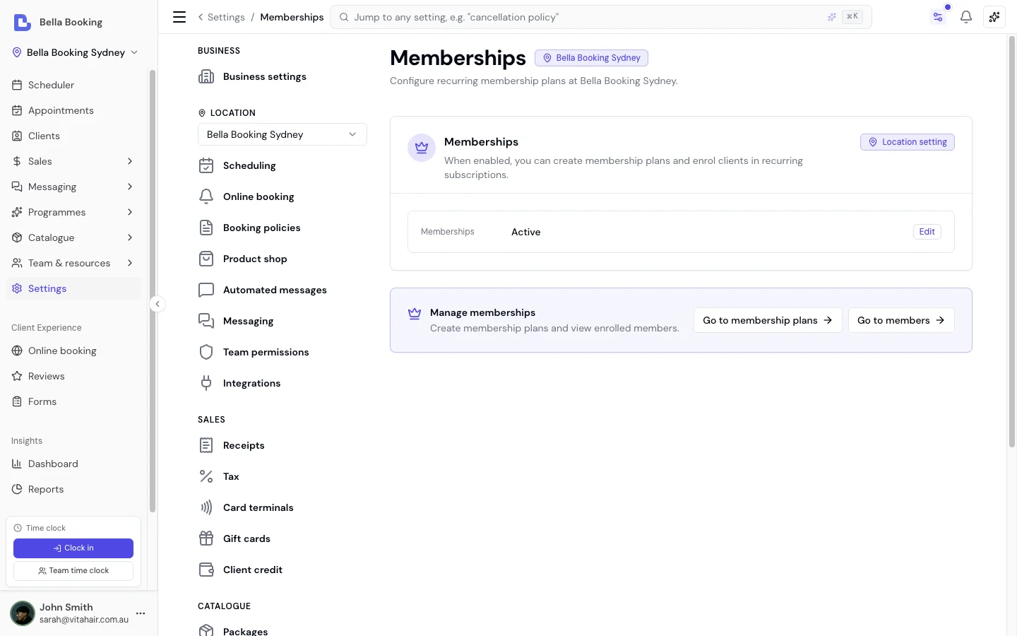 Settings - Memberships page showing memberships Active, with a Manage memberships card linking to plans and to members