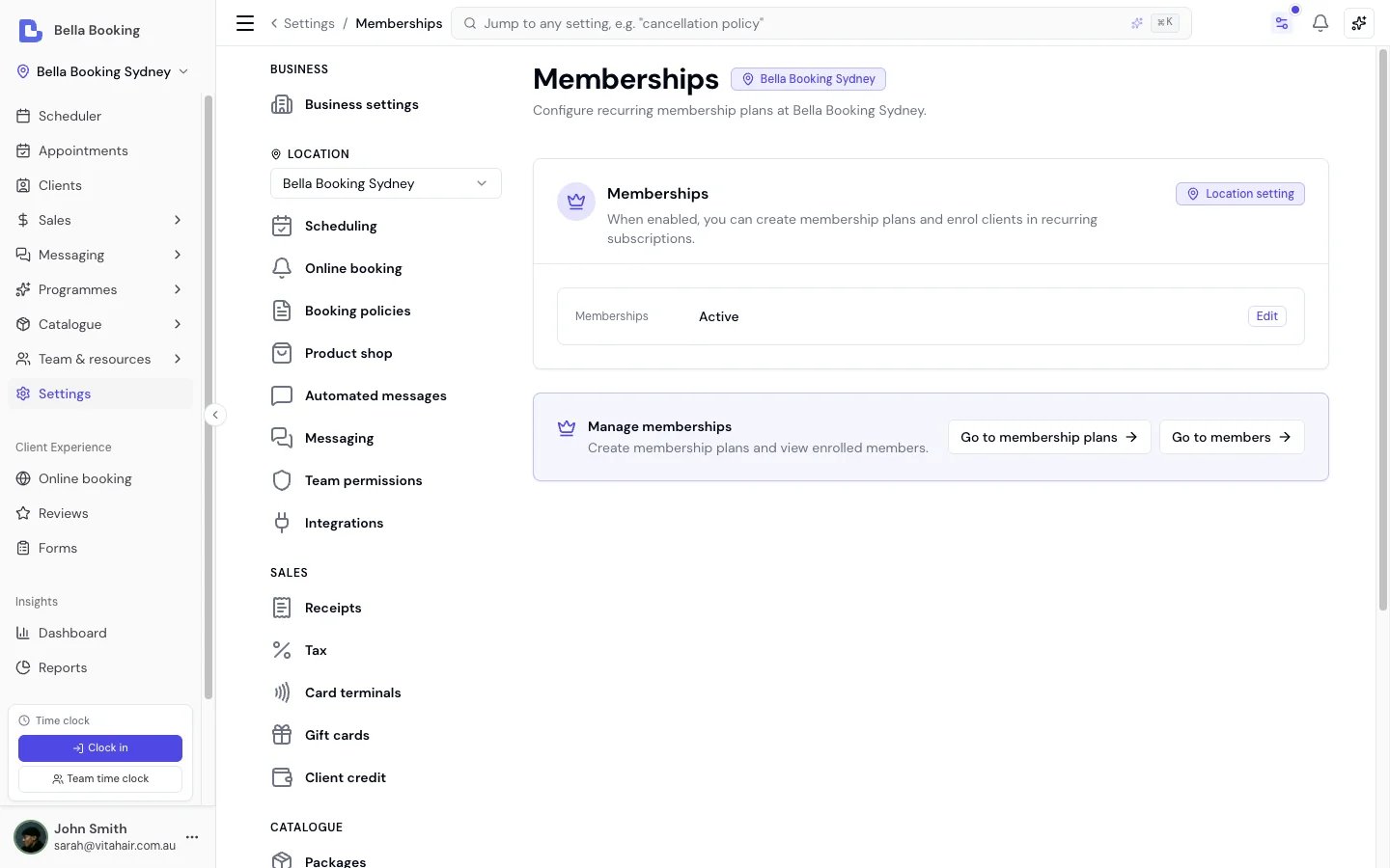 Settings - Memberships page showing memberships Active, with a Manage memberships card linking to plans and to members