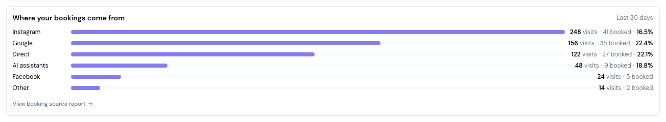 Where your bookings come from card showing traffic by channel — Instagram, Facebook, AI assistants, Google, Direct, and Other — each with visits, bookings, and conversion percentage