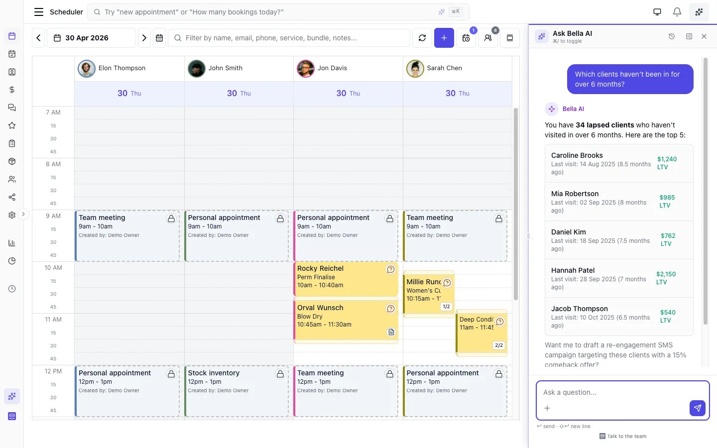 Bella AI chat panel showing a natural language question and streamed response with business data