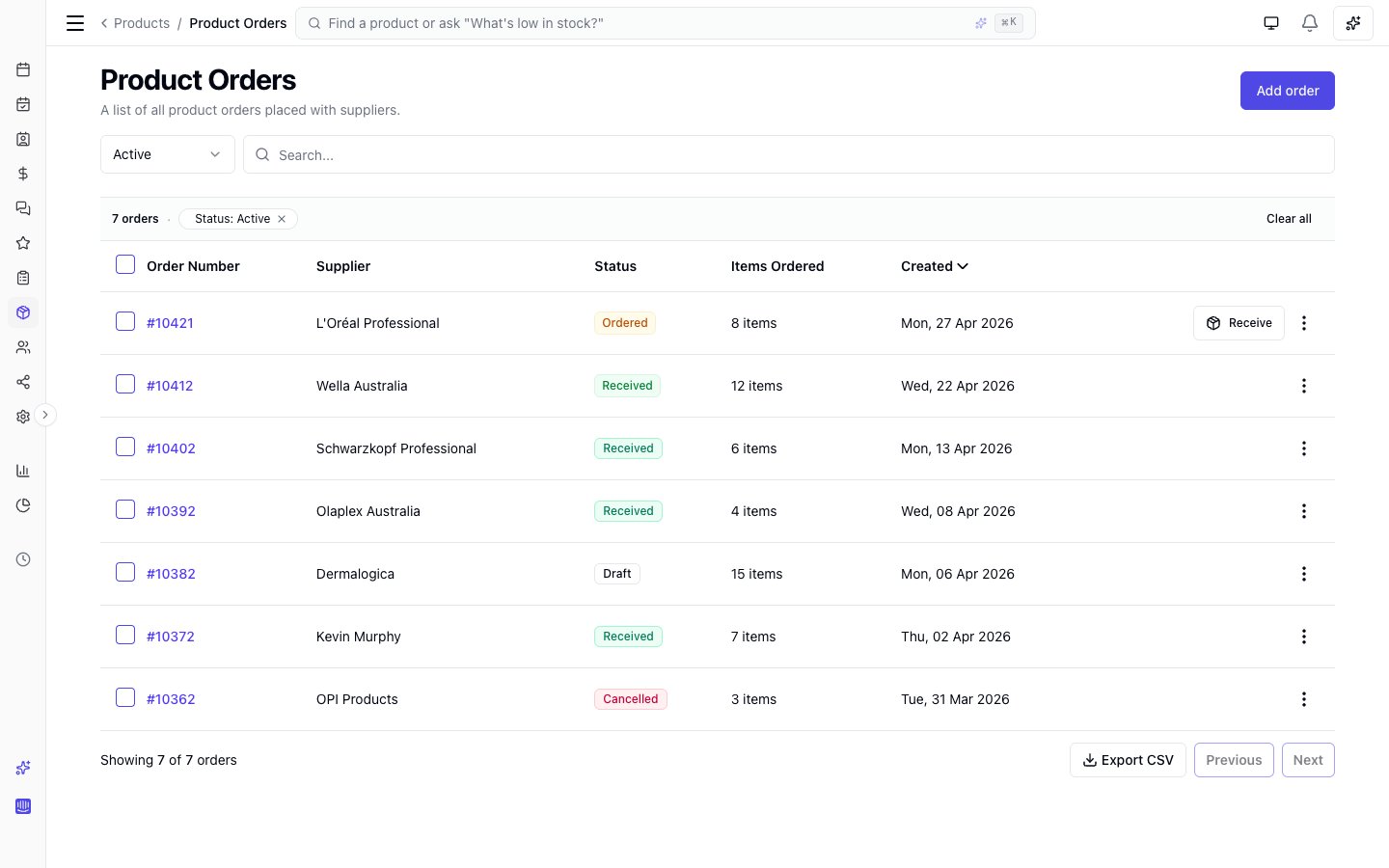 Product orders list showing order number, supplier, status badge, items count, and created date