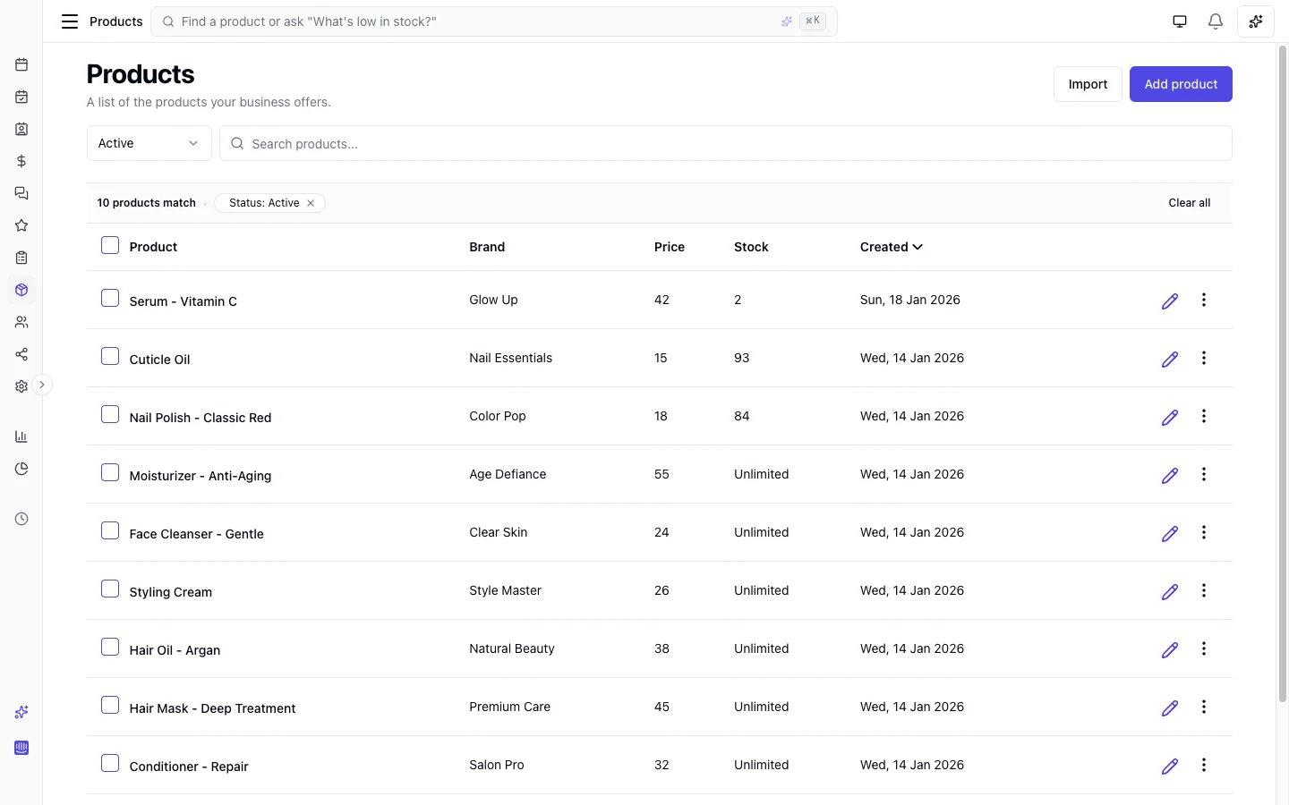Products list showing product names, brands, prices, and stock levels