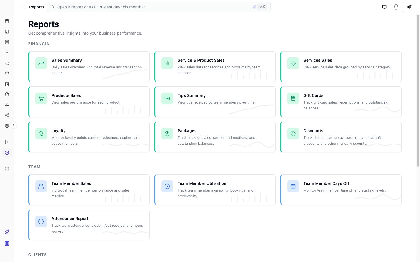 Reports page showing the grid of available report cards