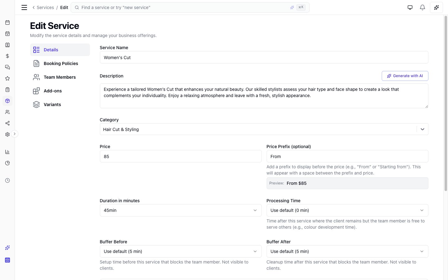 Service edit form showing name, category, duration, price, team members, and policy override fields